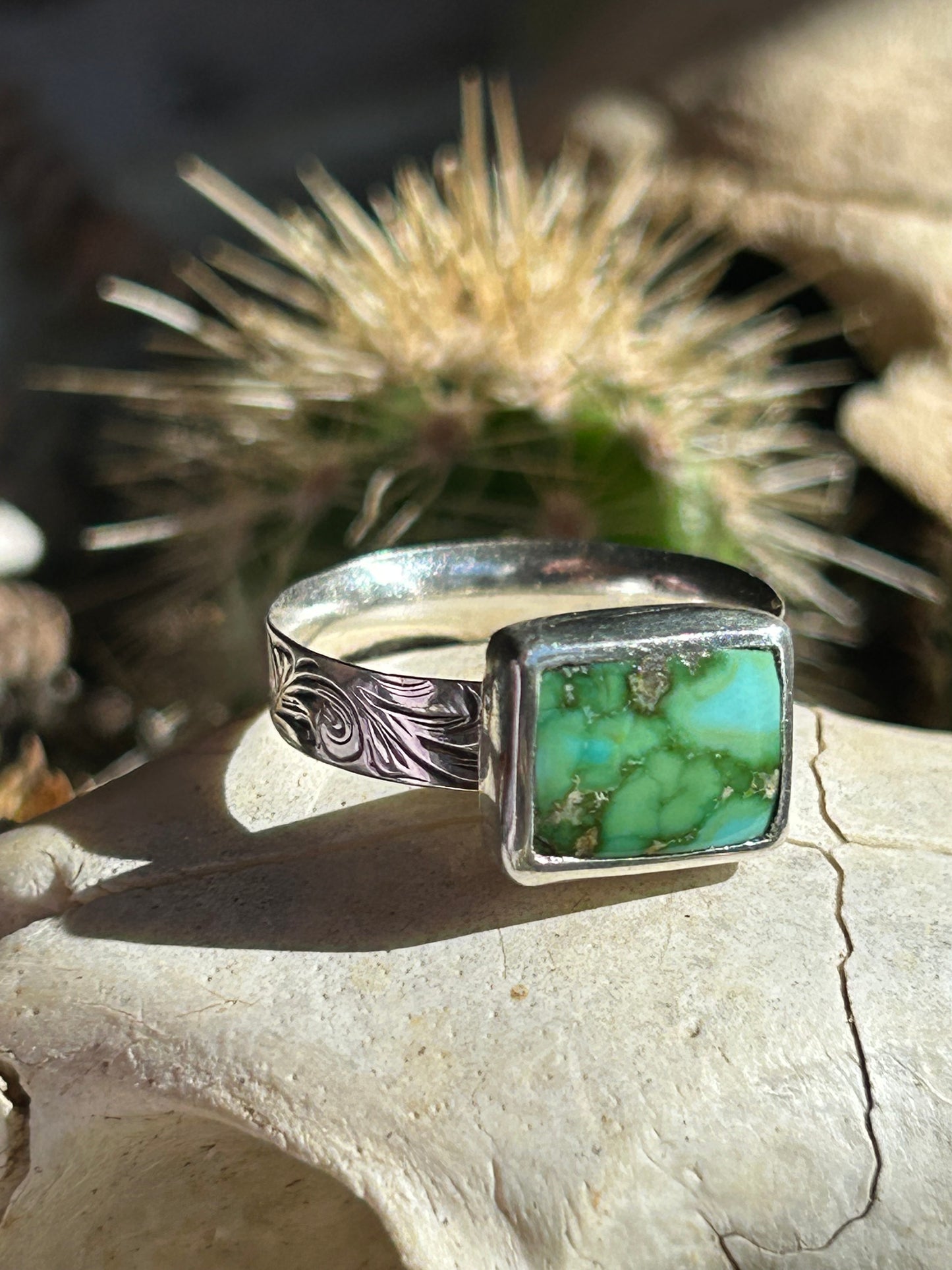 Sonoran Gold Turquoise Size 8 Engraved Band Ring