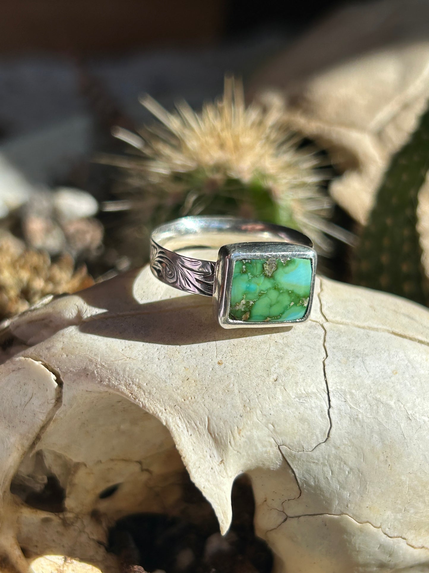 Sonoran Gold Turquoise Size 8 Engraved Band Ring