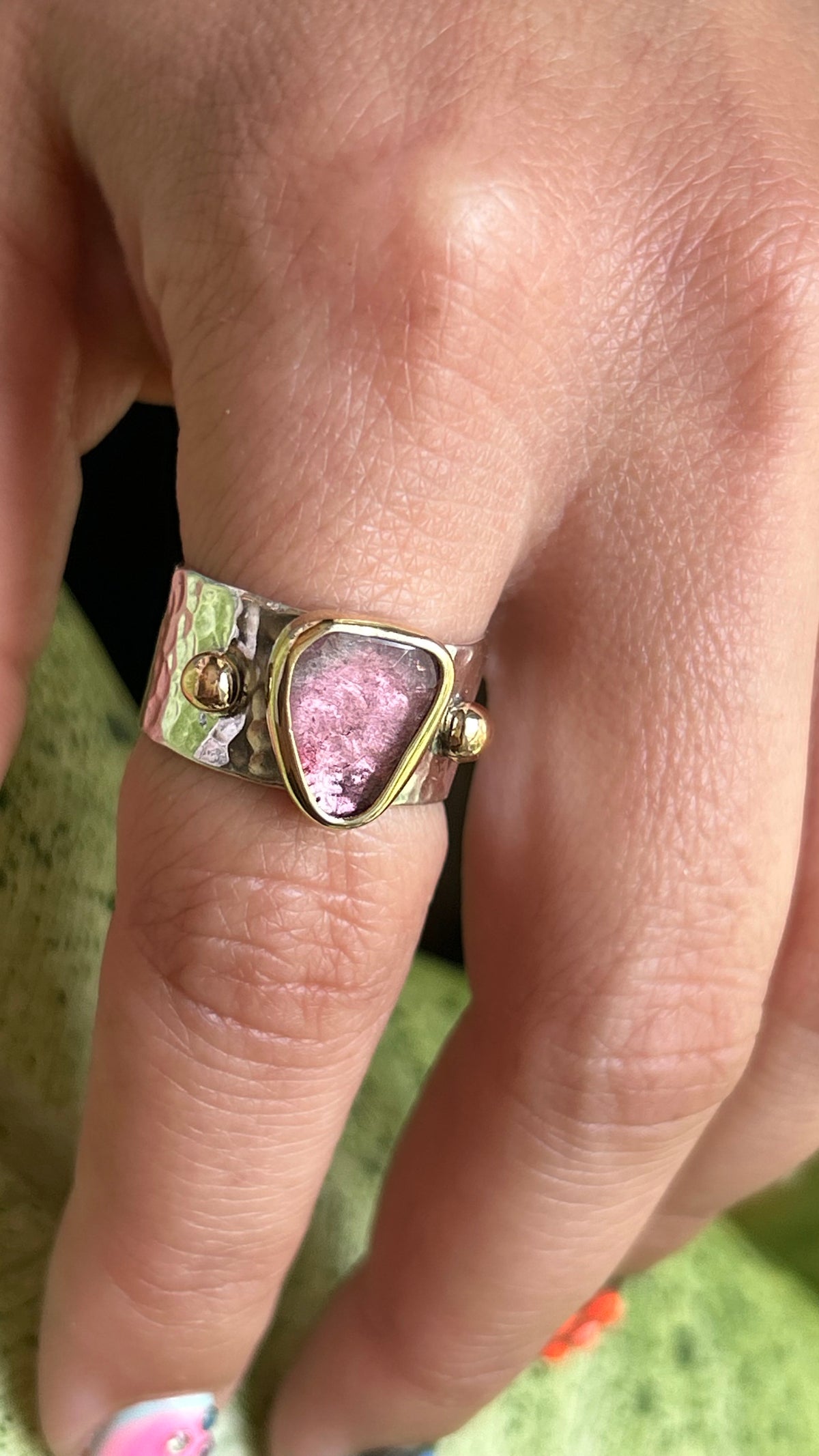 Mixed metal Rose cut free form Pink Tourmaline Size 7.25