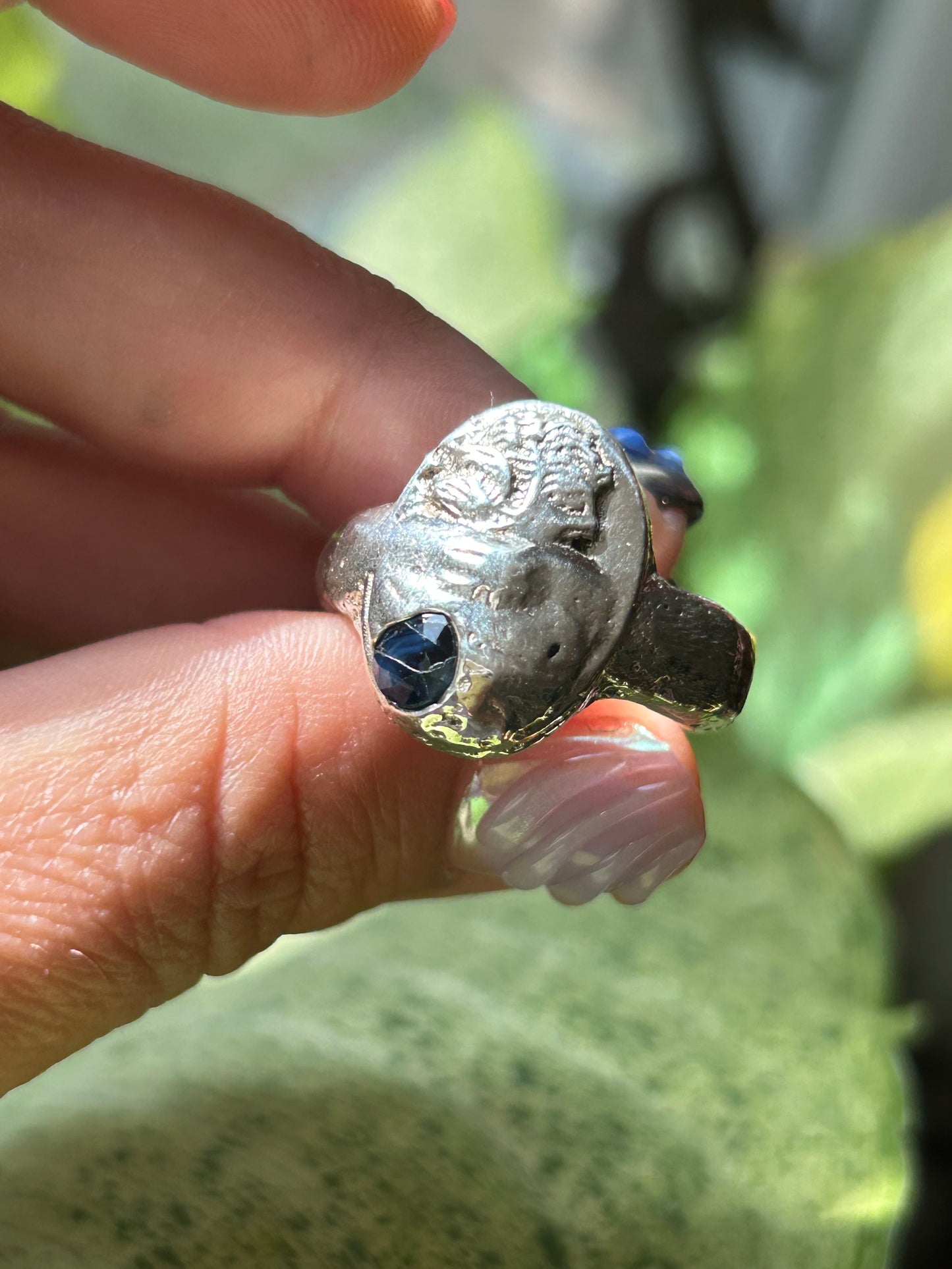 Blazar Sand Cast Abstact Cameo Ring with Blue Sapphire size 9.25
