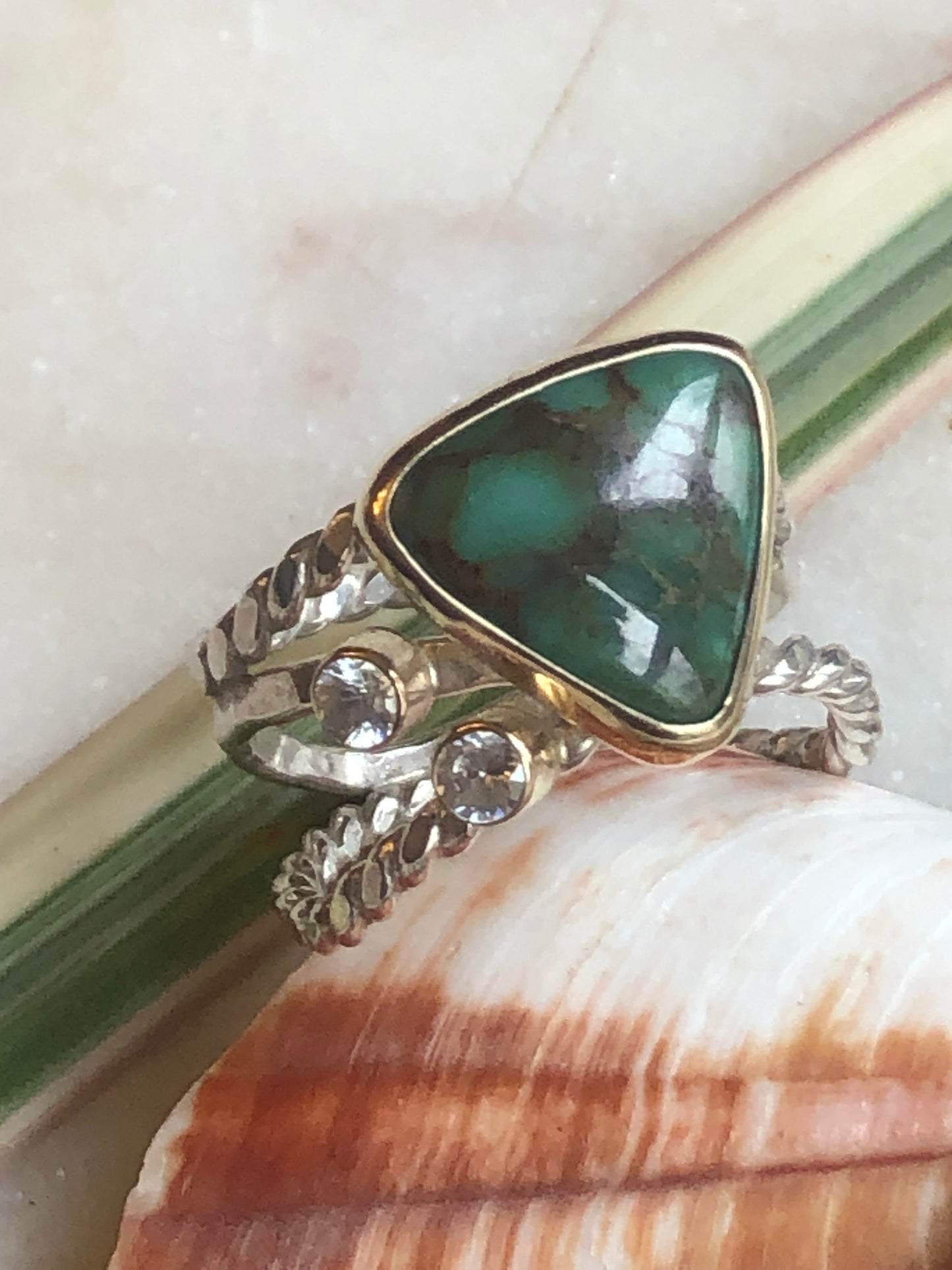 New Lander Variscite with 14K bezel and sterling triple bands - Size 7.25