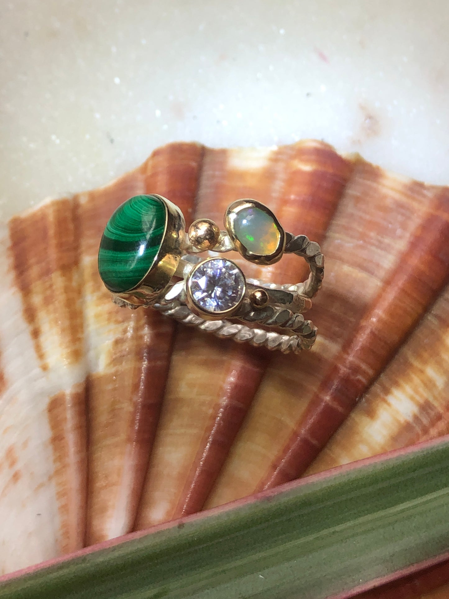 Malachite, Opal and CZ set 10K gold bezel