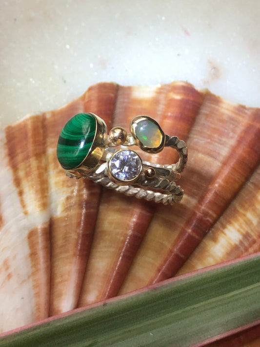 Malachite, Opal and CZ set 10K gold bezel
