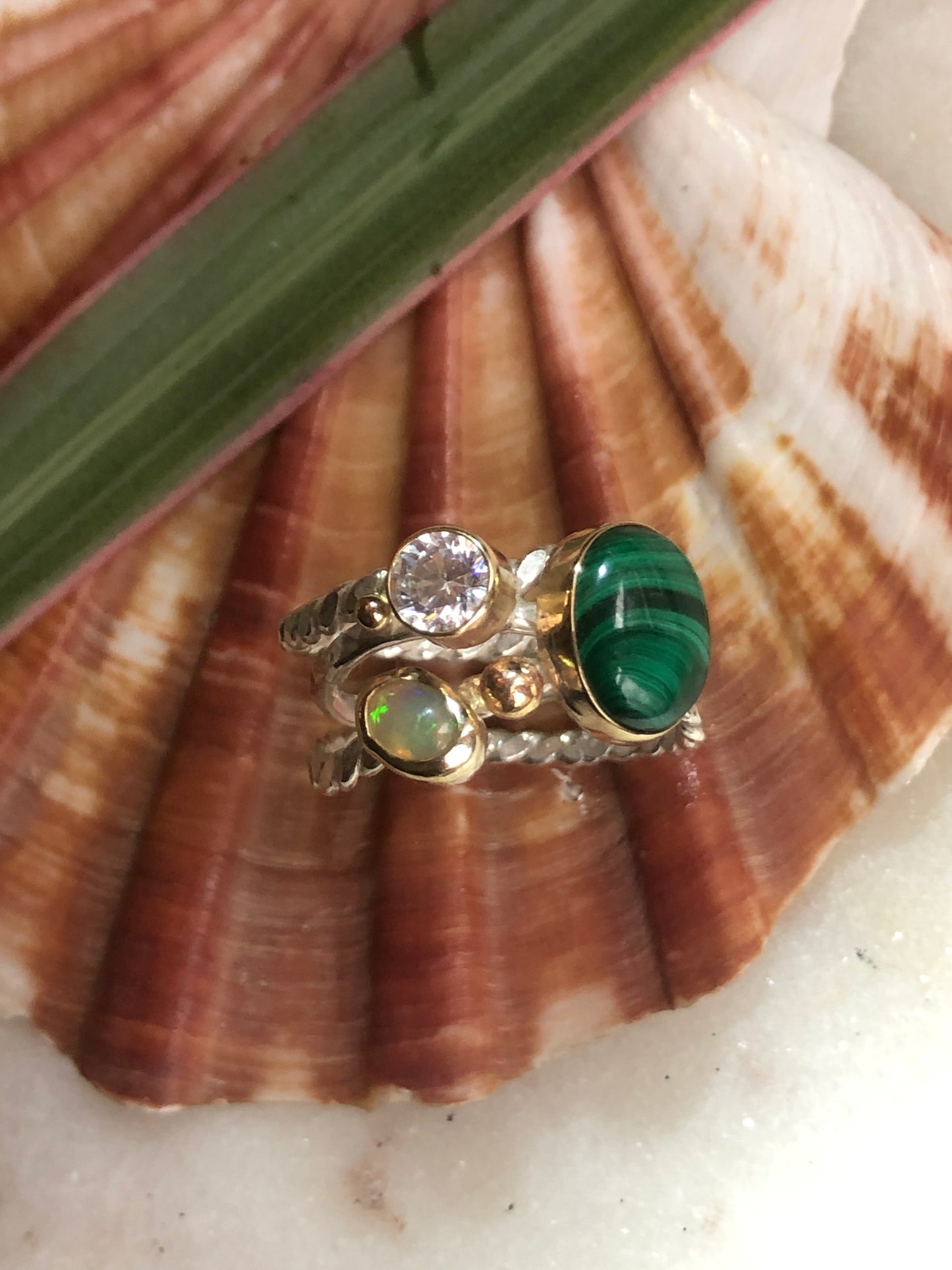 Malachite, Opal and CZ set 10K gold bezel