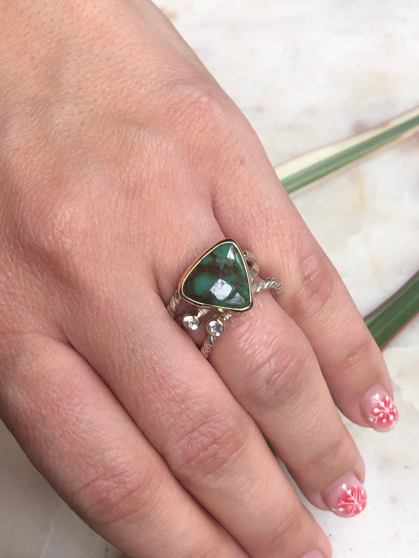 New Lander Variscite with 14K bezel and sterling triple bands - Size 7.25