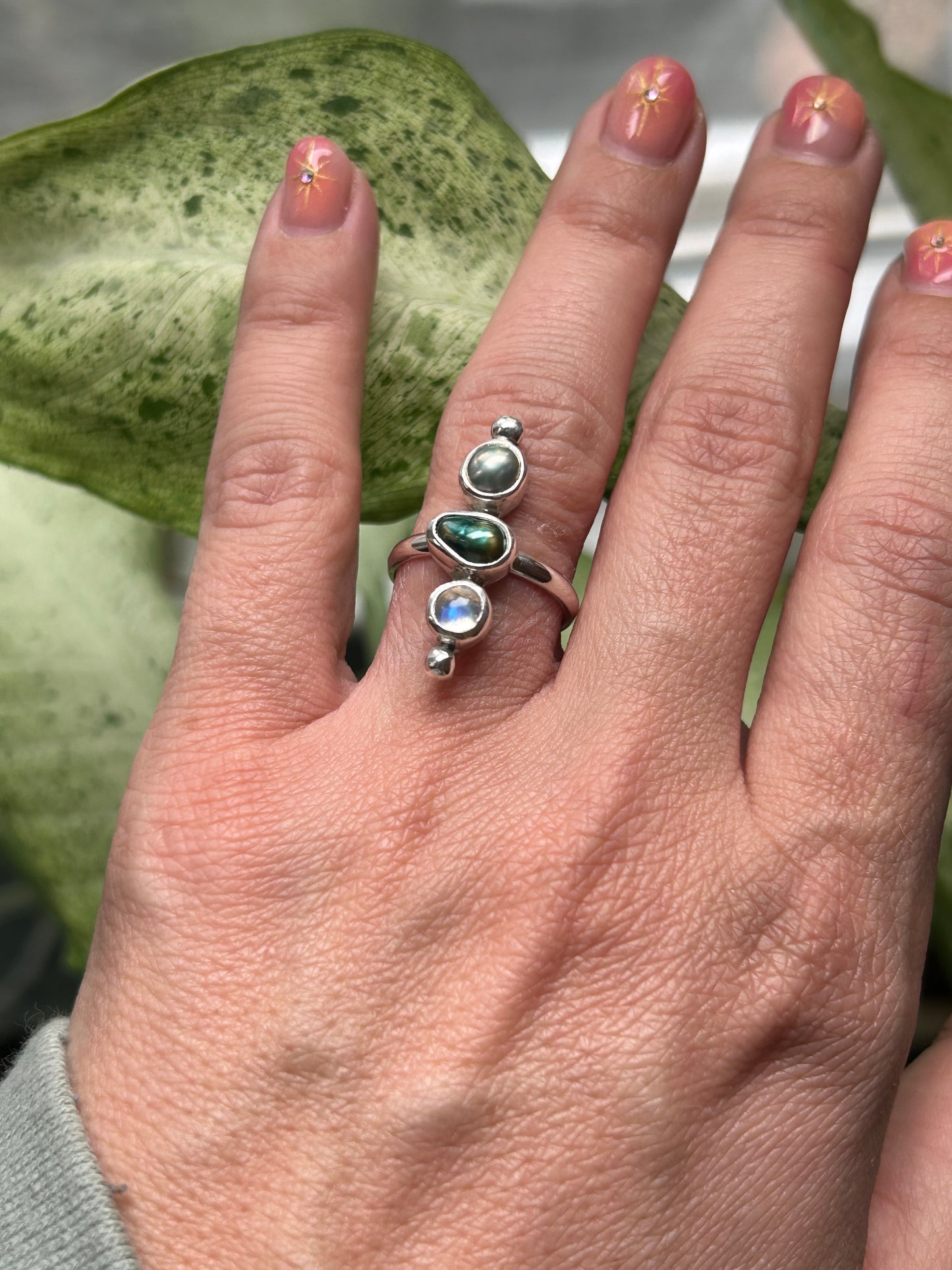 Moonstone and Freshwater Pearl ring size 7