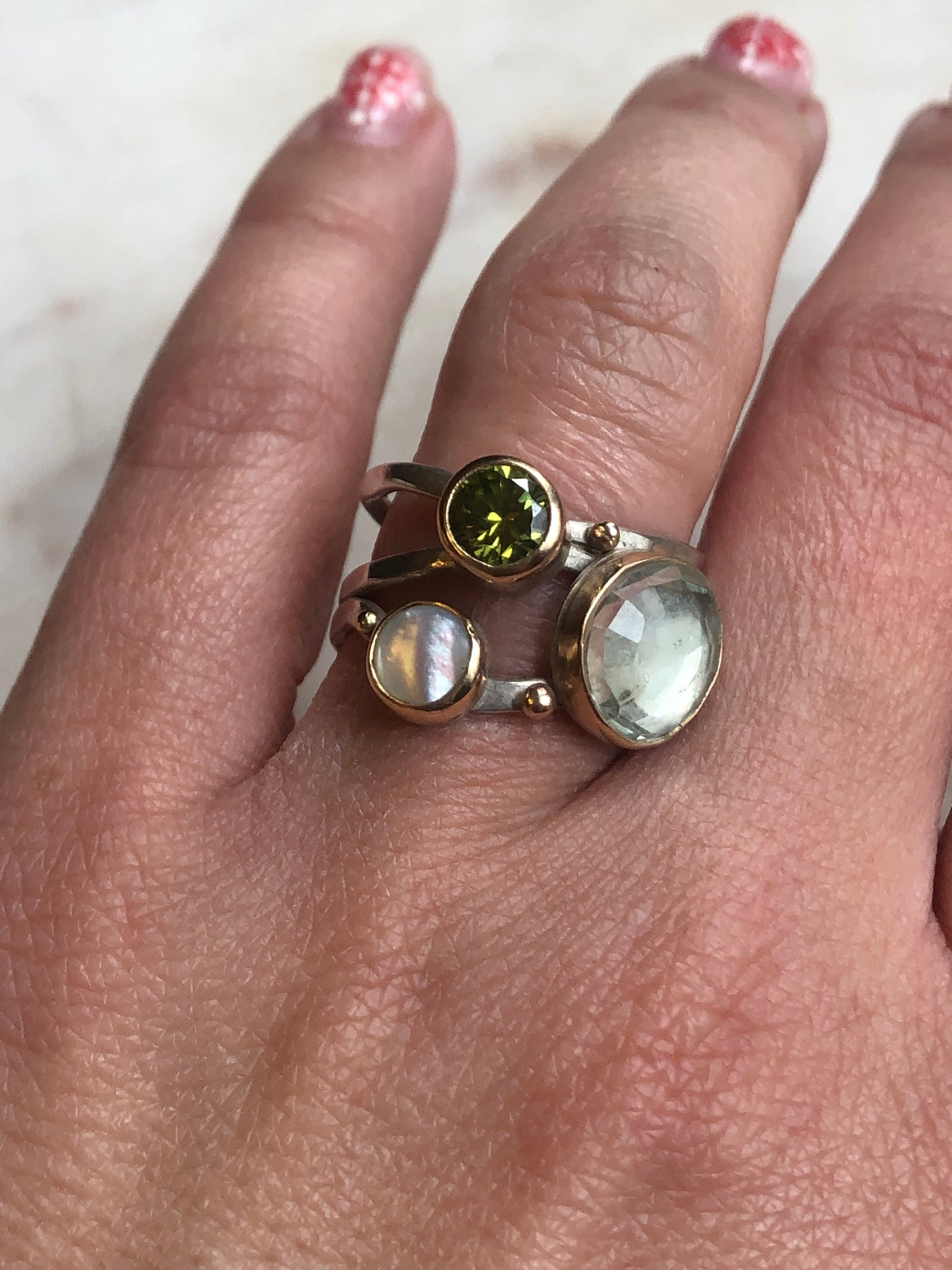 Mother of Pearl, Peridot and Green Amethyst Multi band ring with 14K Gold Bezel and Accents