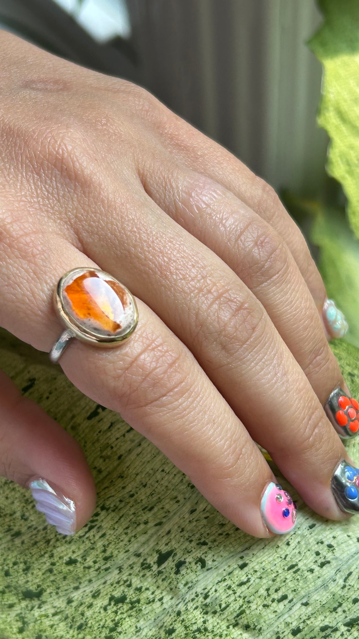Mixed metal Fire Opal Ring Size 7.5