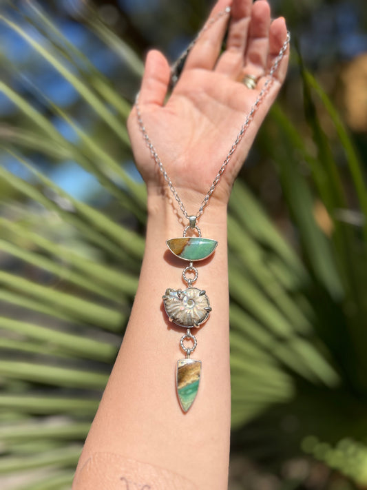 Indonesian Opalized wood & Ammonite Fossil Necklace