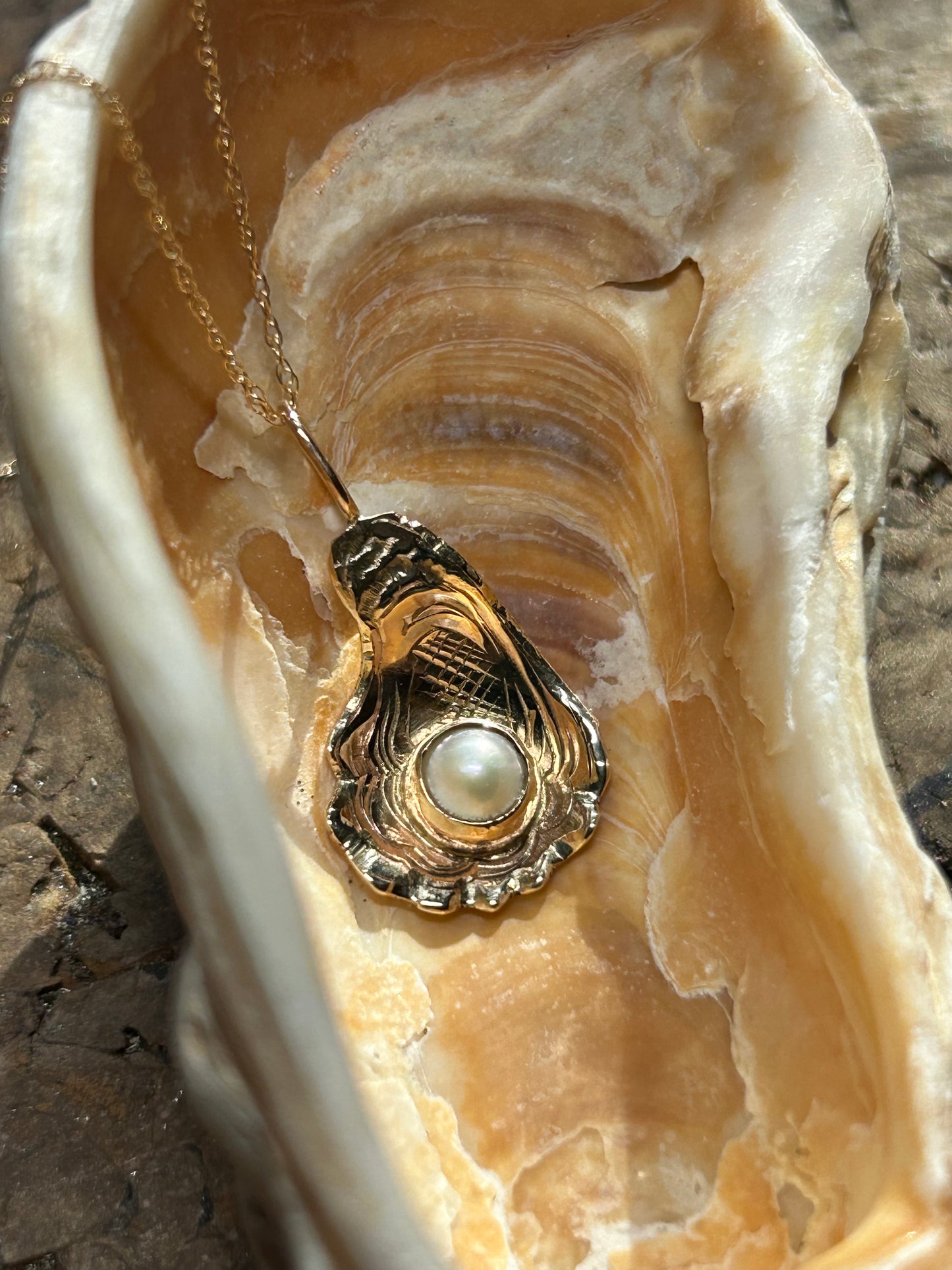 14k Gold Engraved Oyster Necklace with Freshwater Pearl