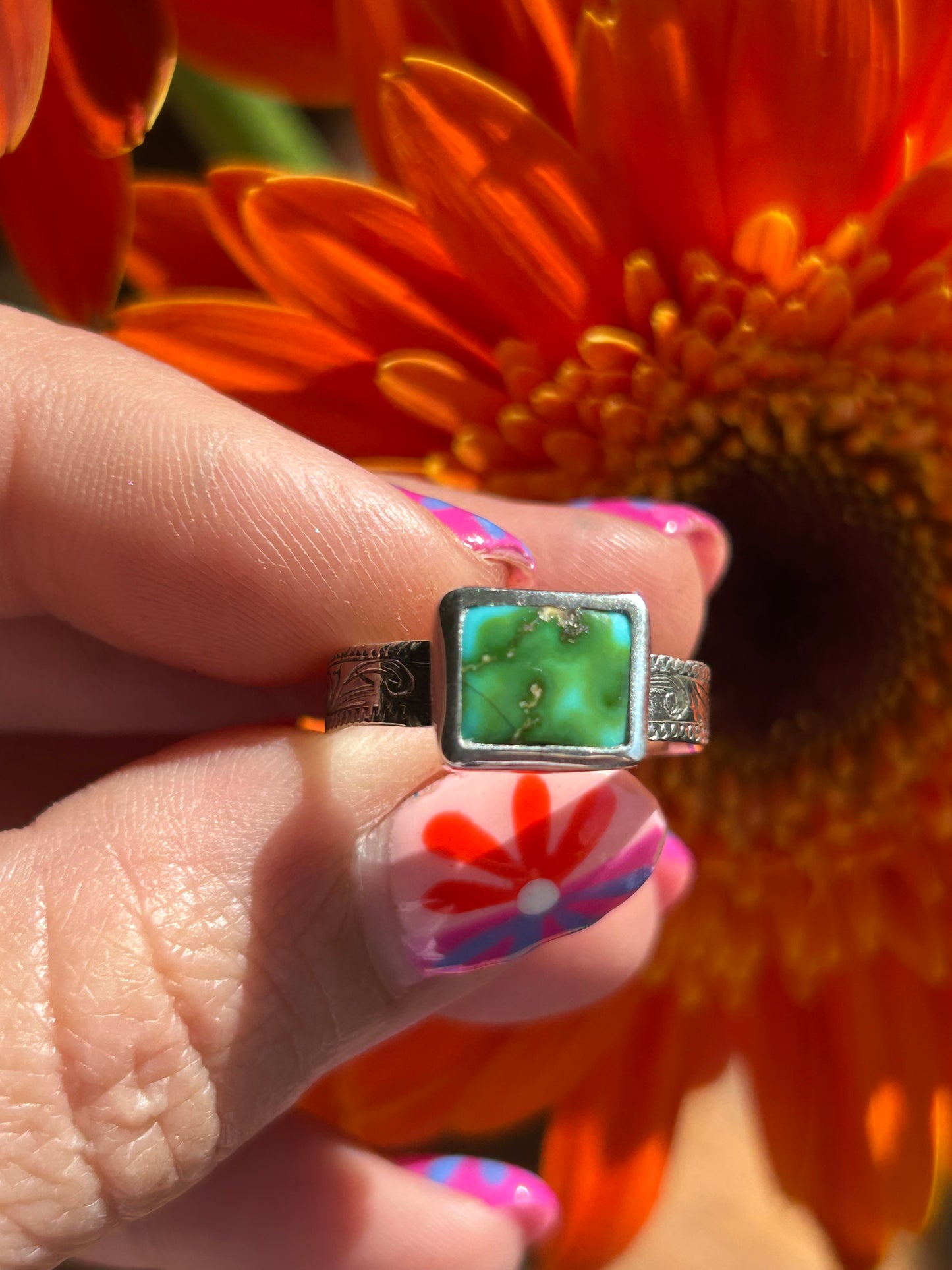 Sonoran Gold Turquoise Size 7.5 Engraved Band Ring