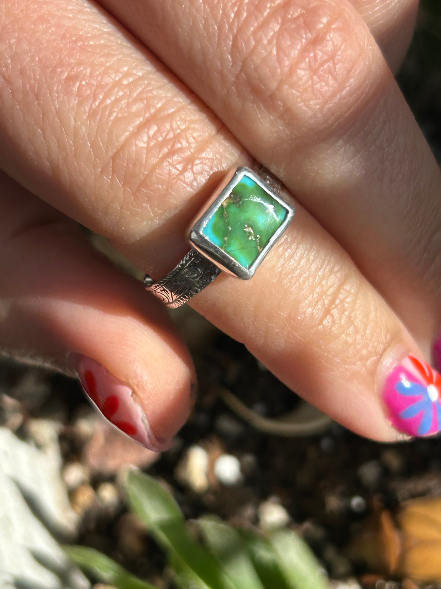 Sonoran Gold Turquoise Size 7.5 Engraved Band Ring