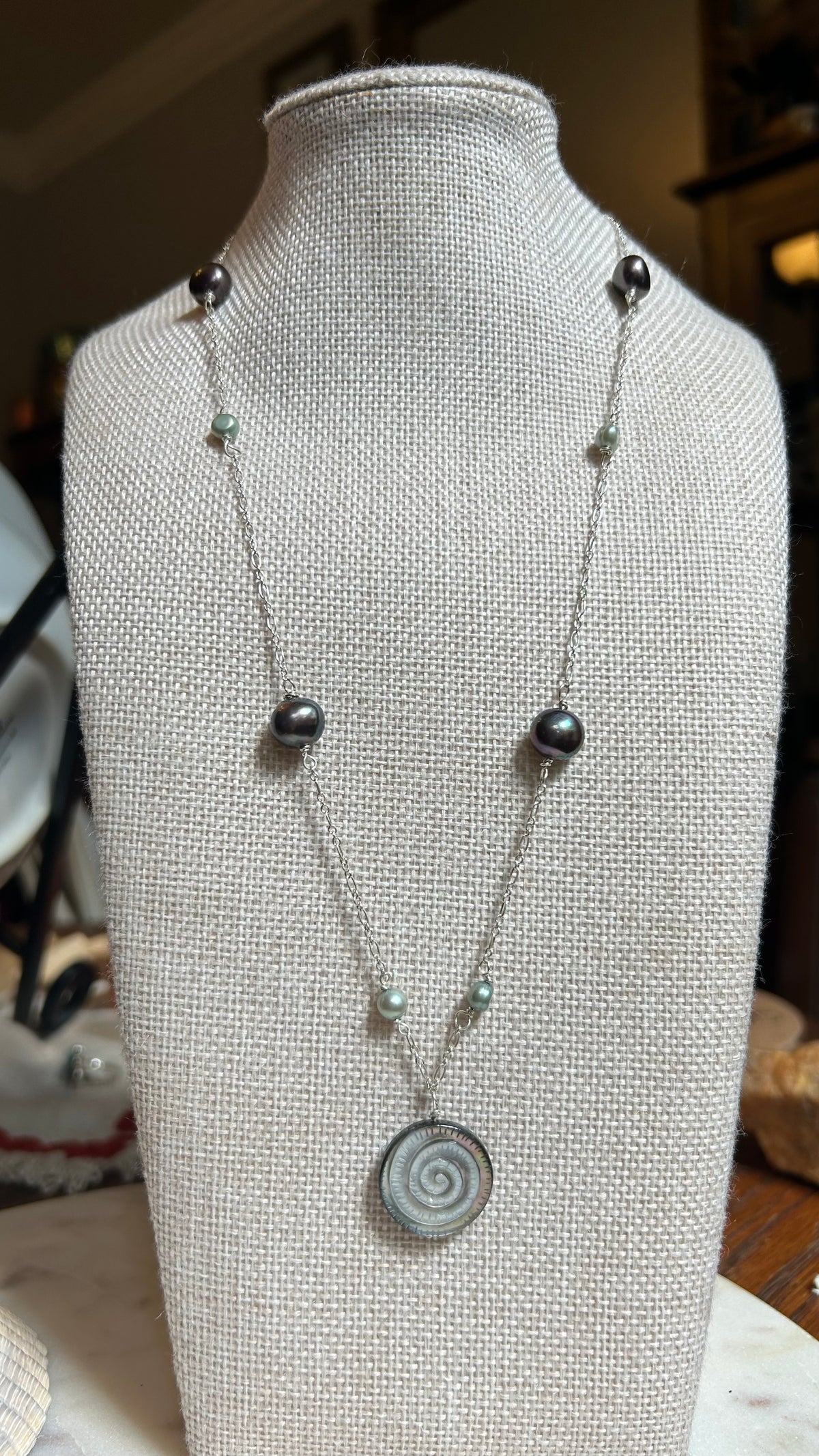 Carved Abalone & freshwater pearl necklace