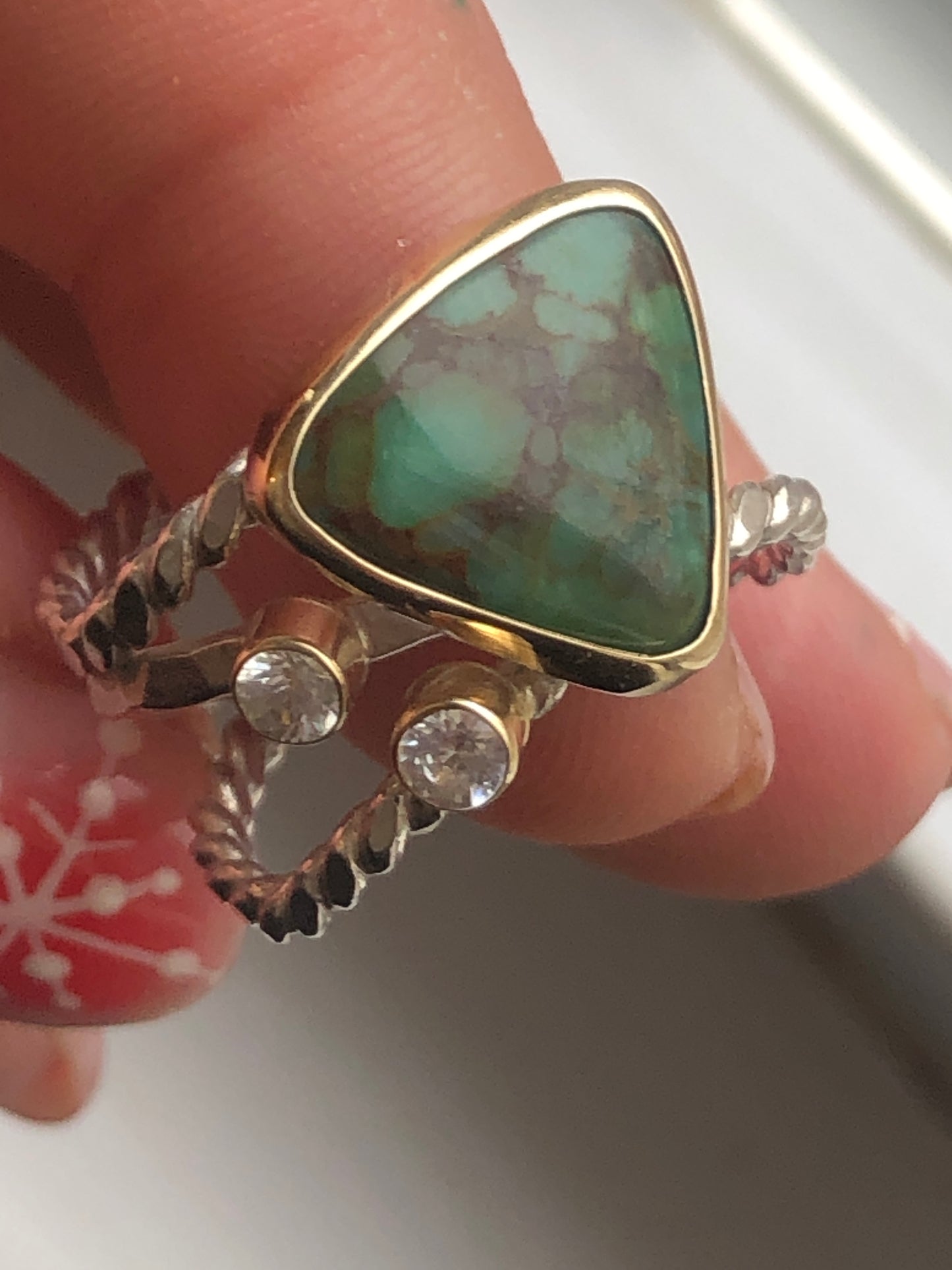 New Lander Variscite with 14K bezel and sterling triple bands - Size 7.25