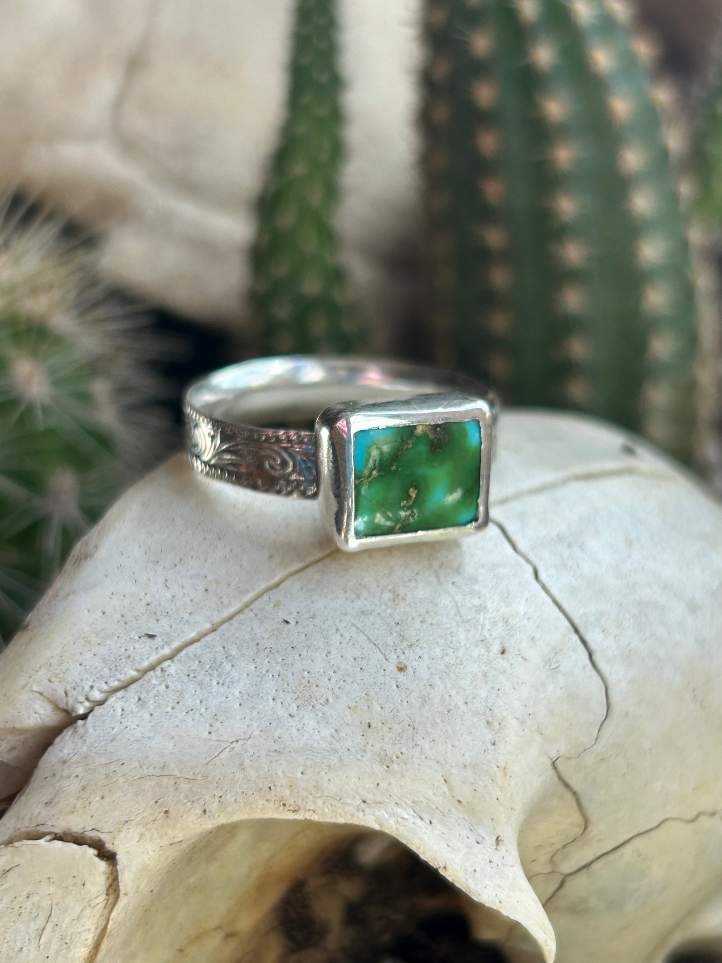 Sonoran Gold Turquoise Size 7.5 Engraved Band Ring