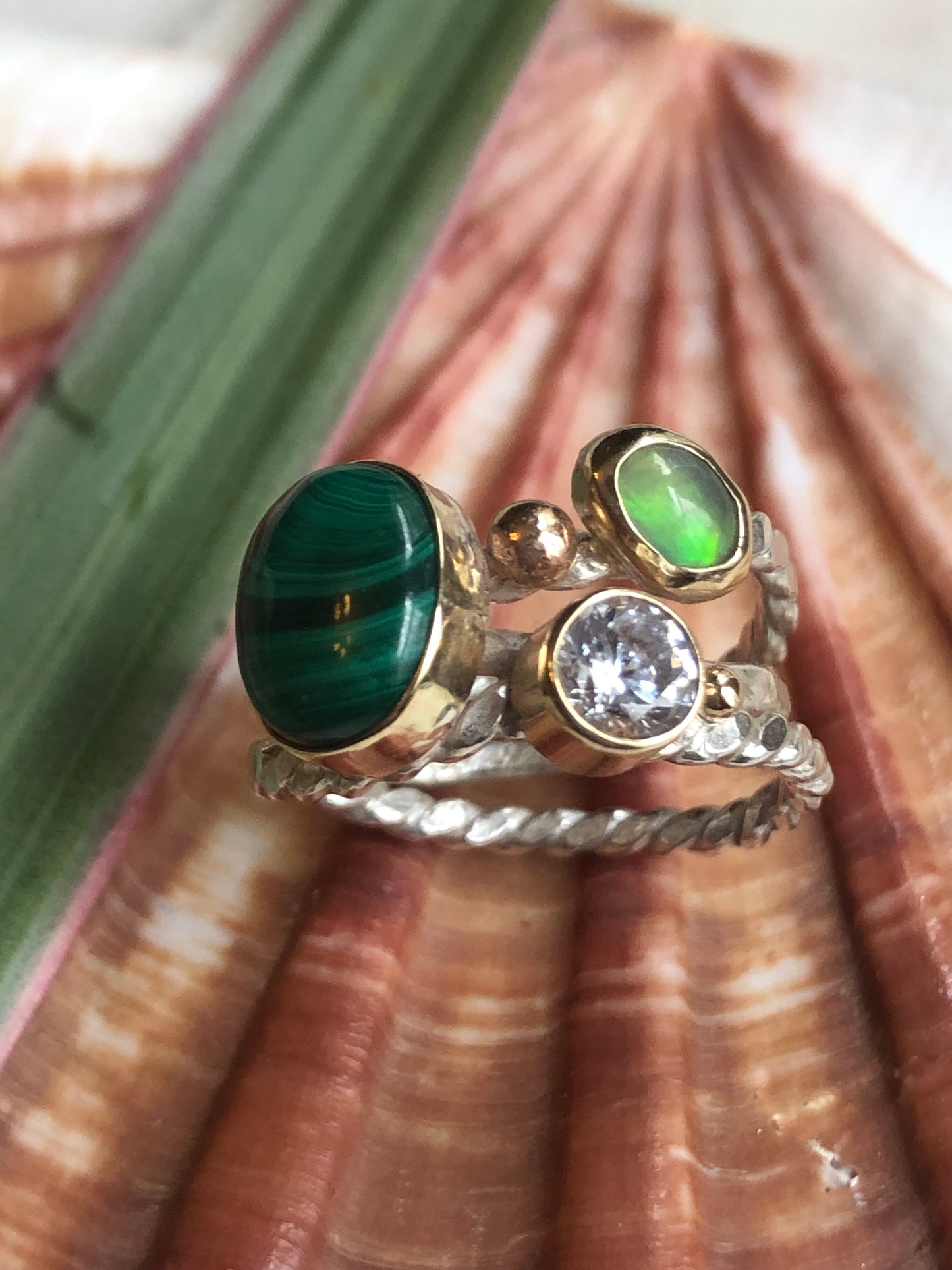 Malachite, Opal and CZ set 10K gold bezel