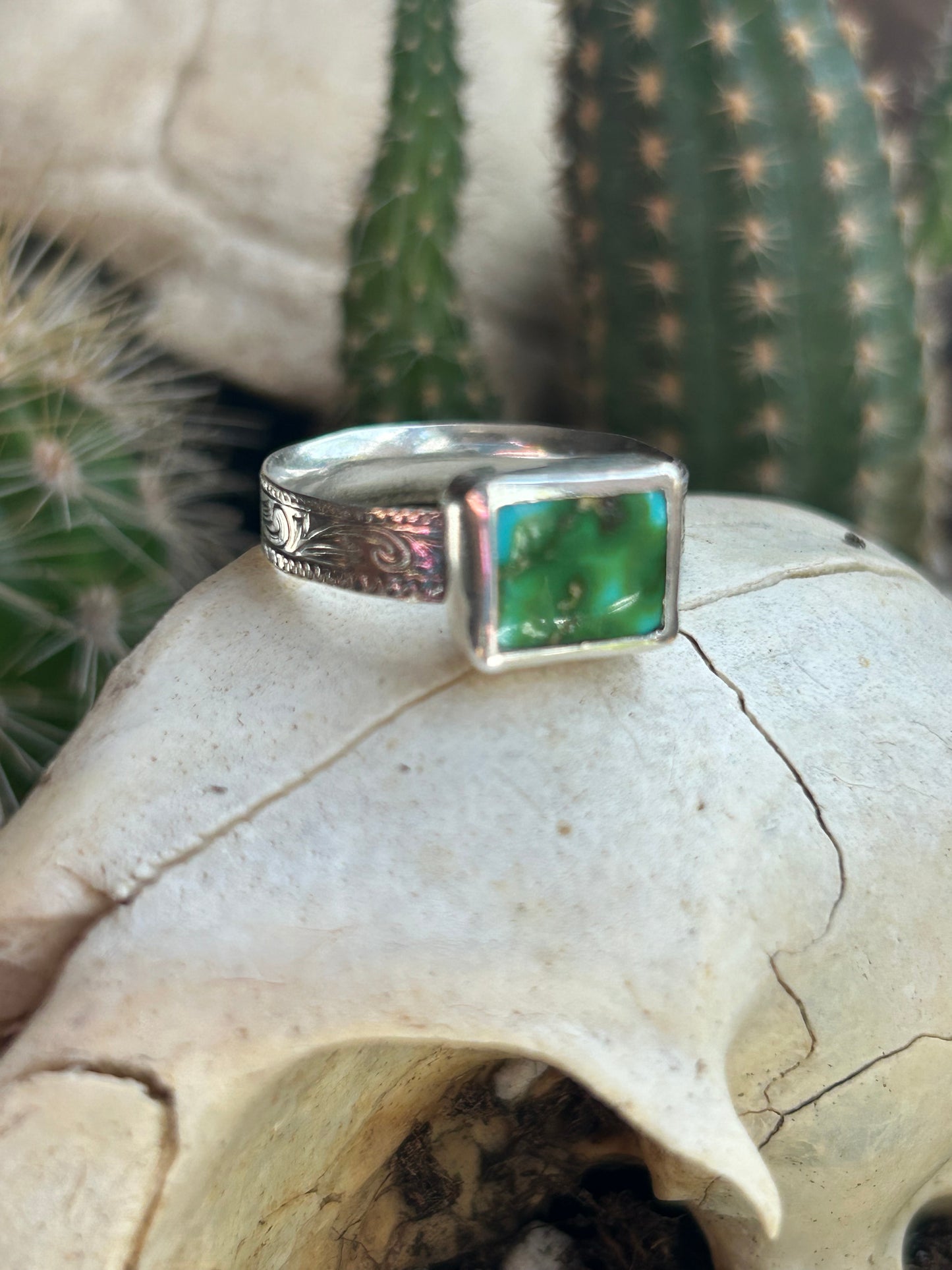 Sonoran Gold Turquoise Size 7.5 Engraved Band Ring