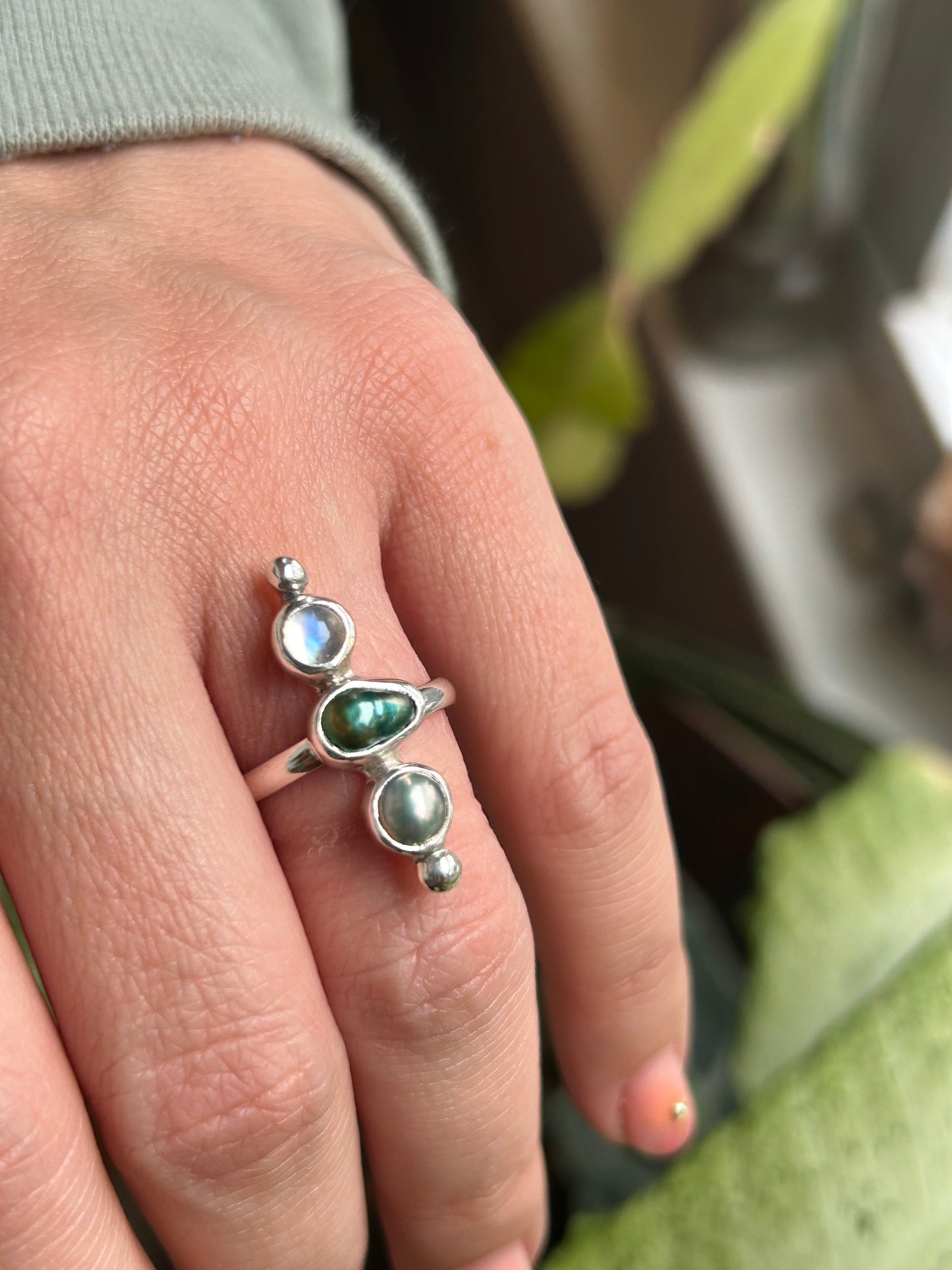 Moonstone and Freshwater Pearl ring size 7
