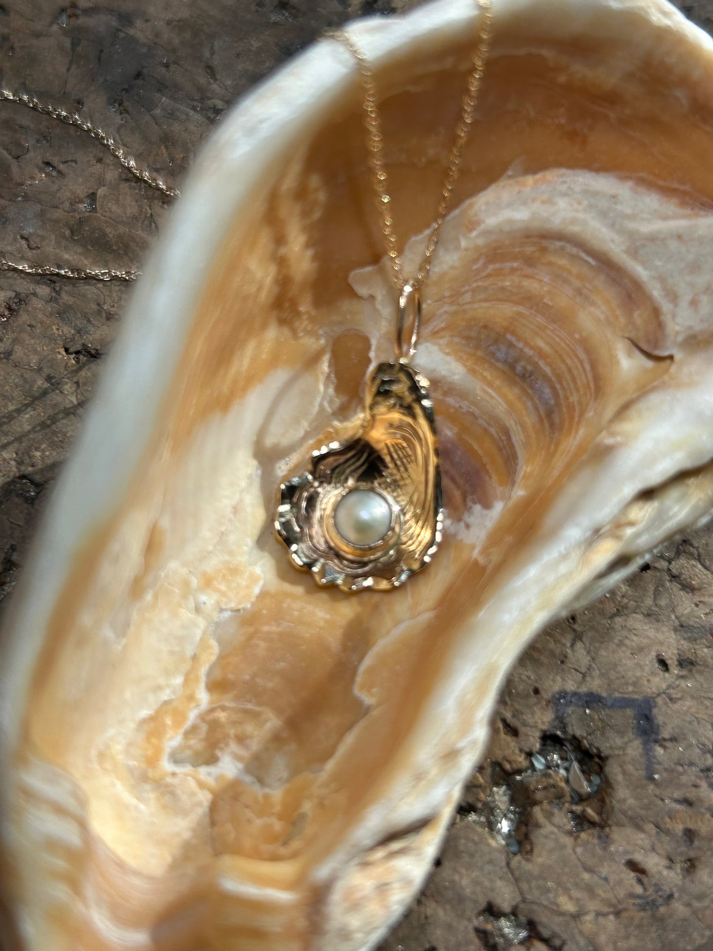 14k Gold Engraved Oyster Necklace with Freshwater Pearl