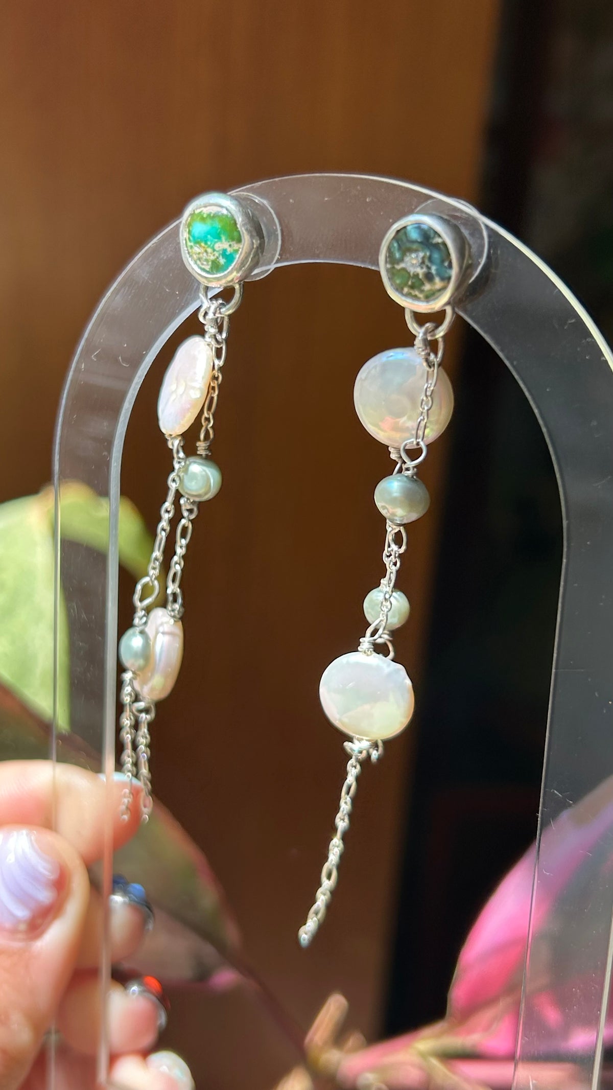 Sonoran Gold Turquoise and freshwater pearl sterling duster earrings