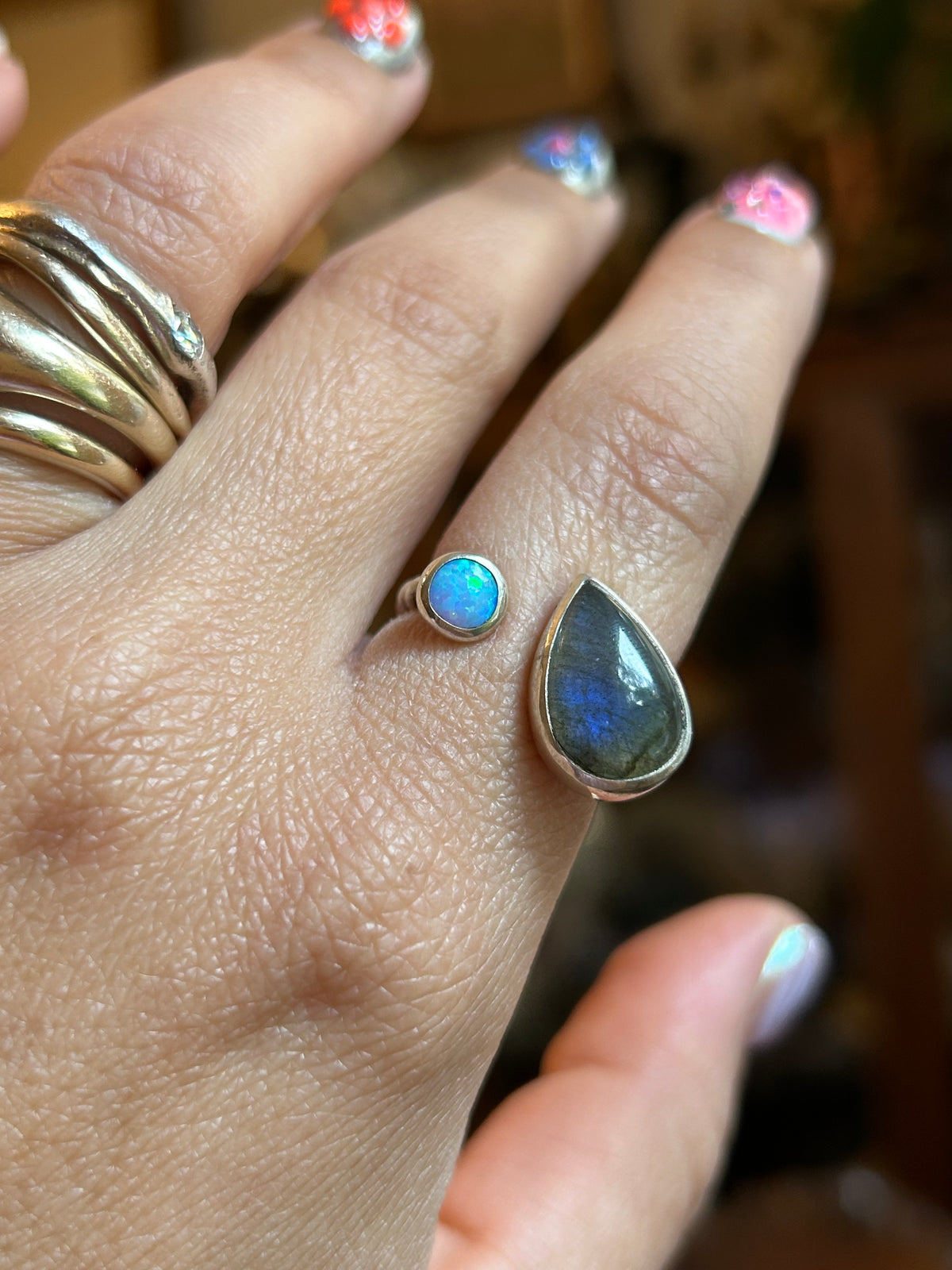 Labradorite & lab opal ring Size 6.5