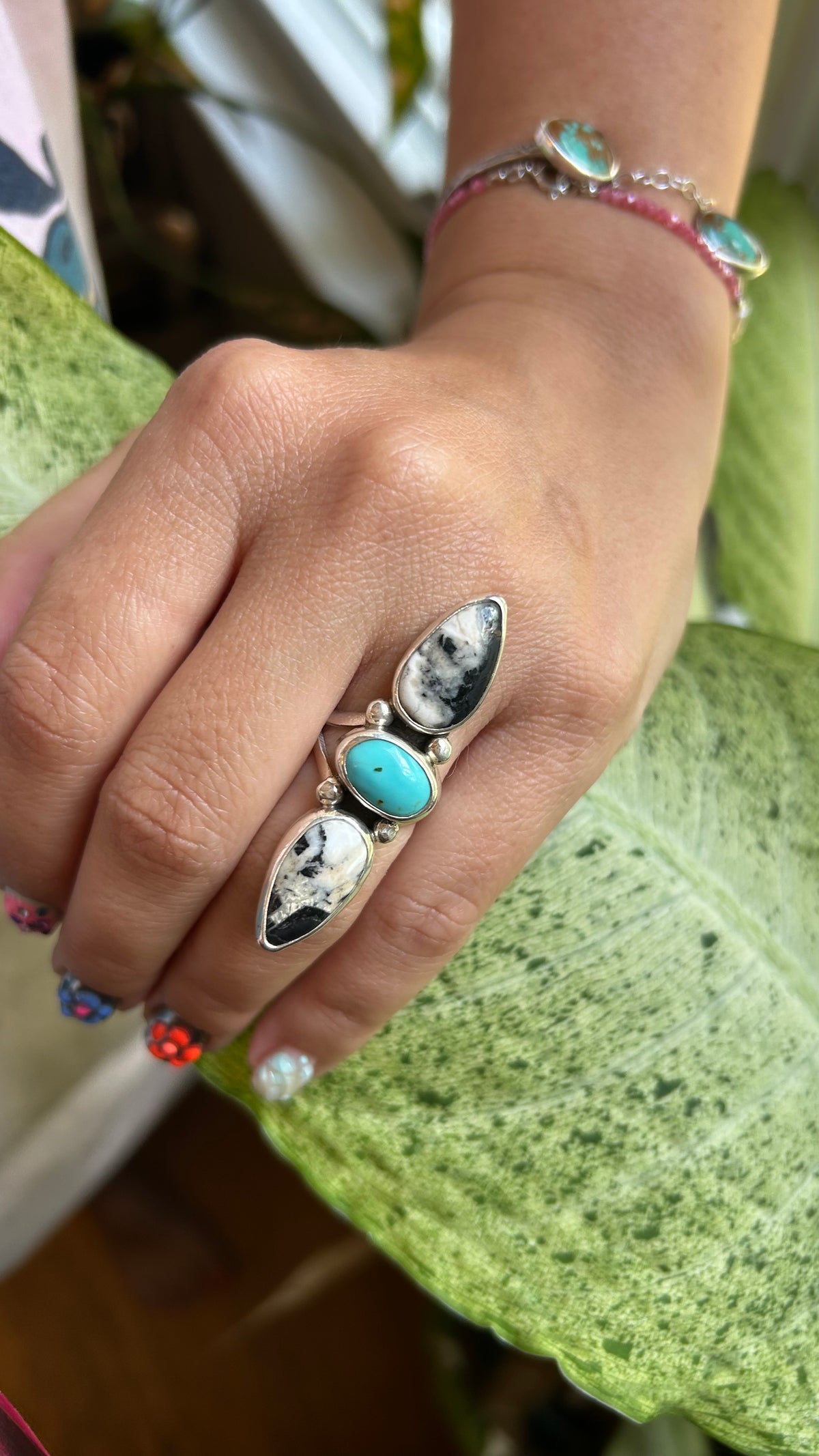 Double White Buffalo & Turquoise Ring Size 6.75