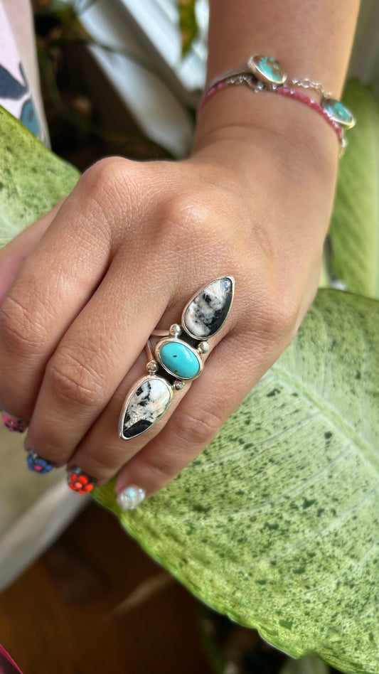 Double White Buffalo & Turquoise Ring Size 6.75
