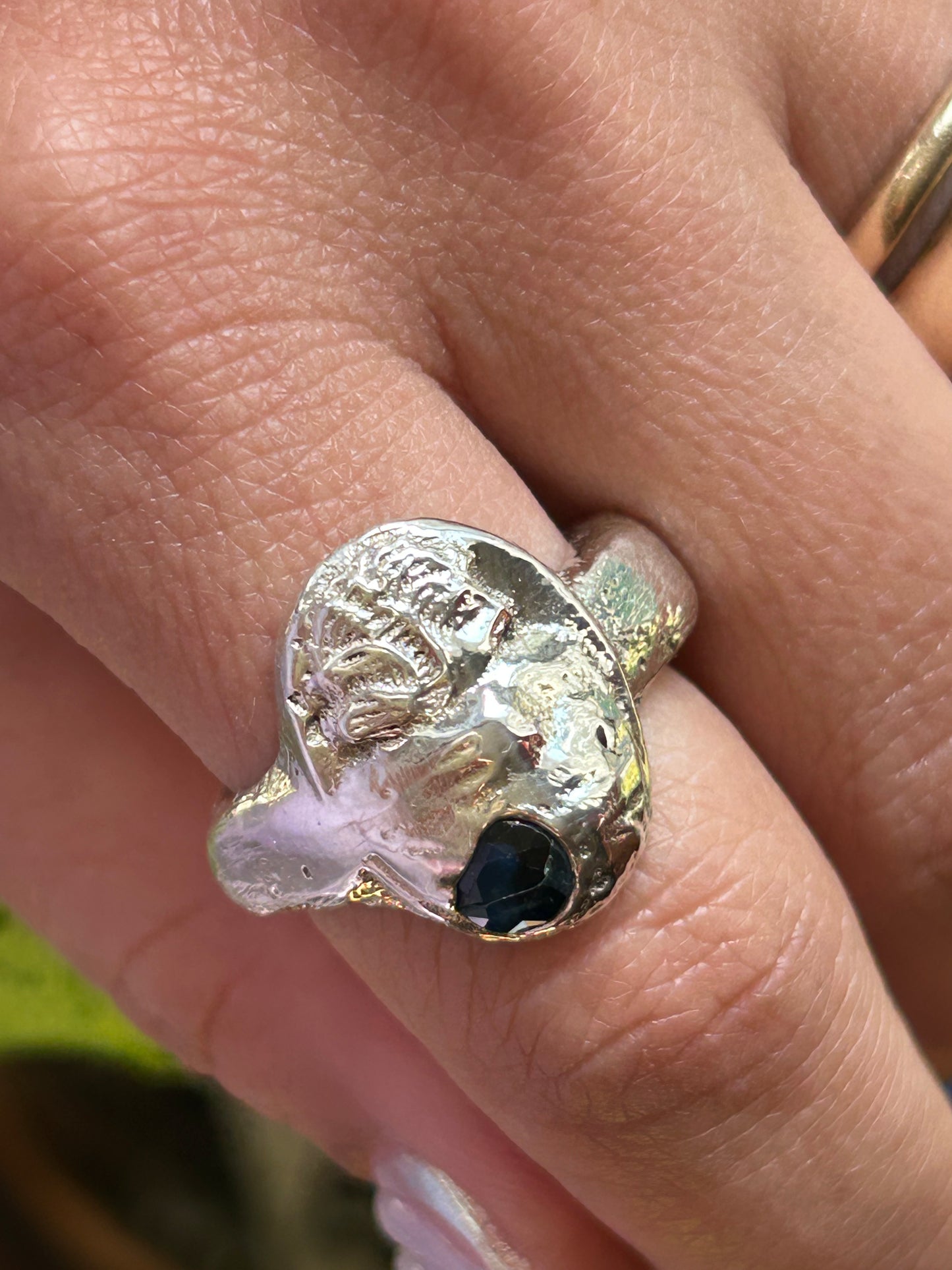 Blazar Sand Cast Abstact Cameo Ring with Blue Sapphire size 9.25