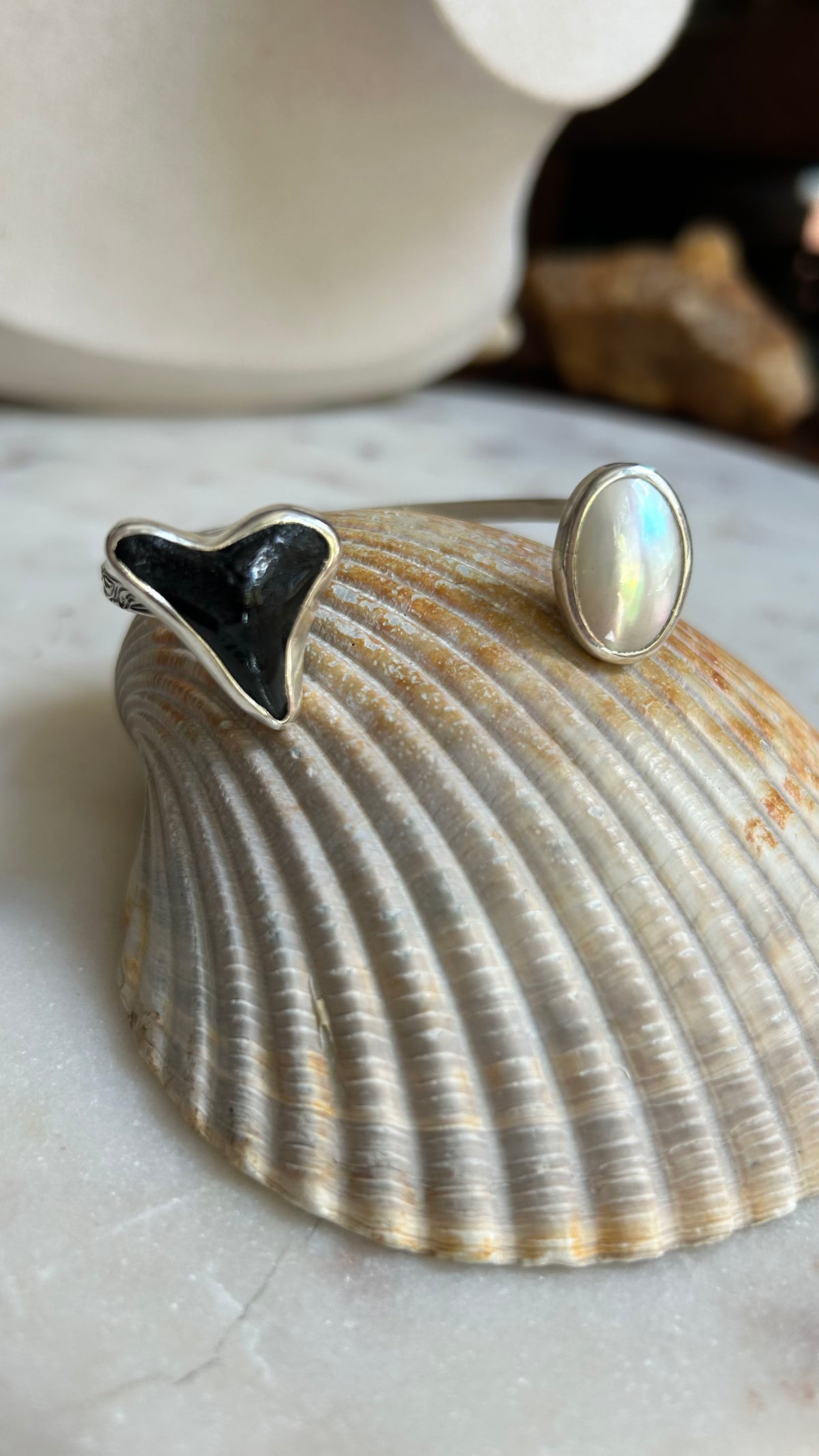 Fossilized Shark Tooth and Mother of Pearl Cuff