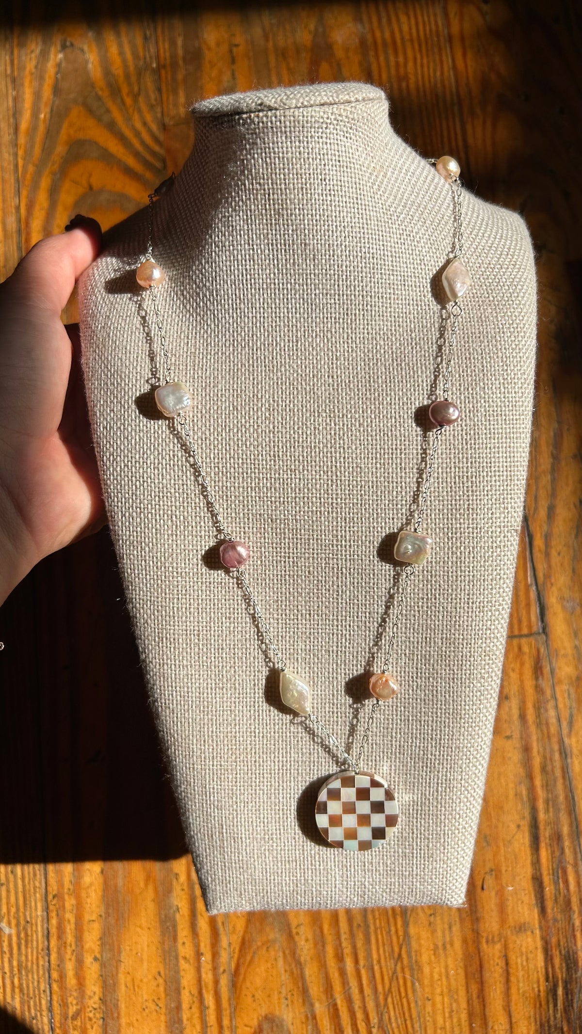 Freshwater Pearl and inlay pendant necklace