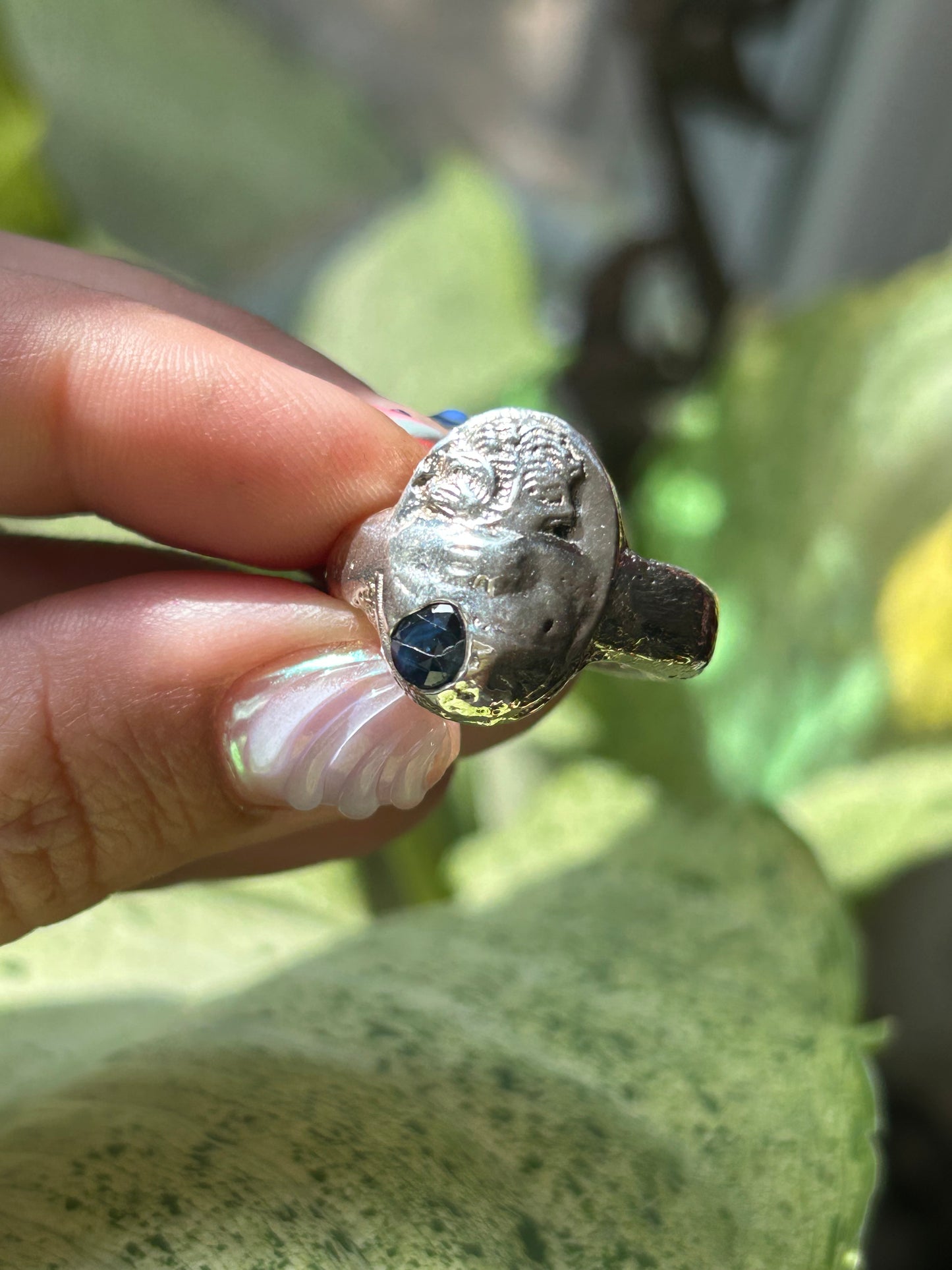 Blazar Sand Cast Abstact Cameo Ring with Blue Sapphire size 9.25