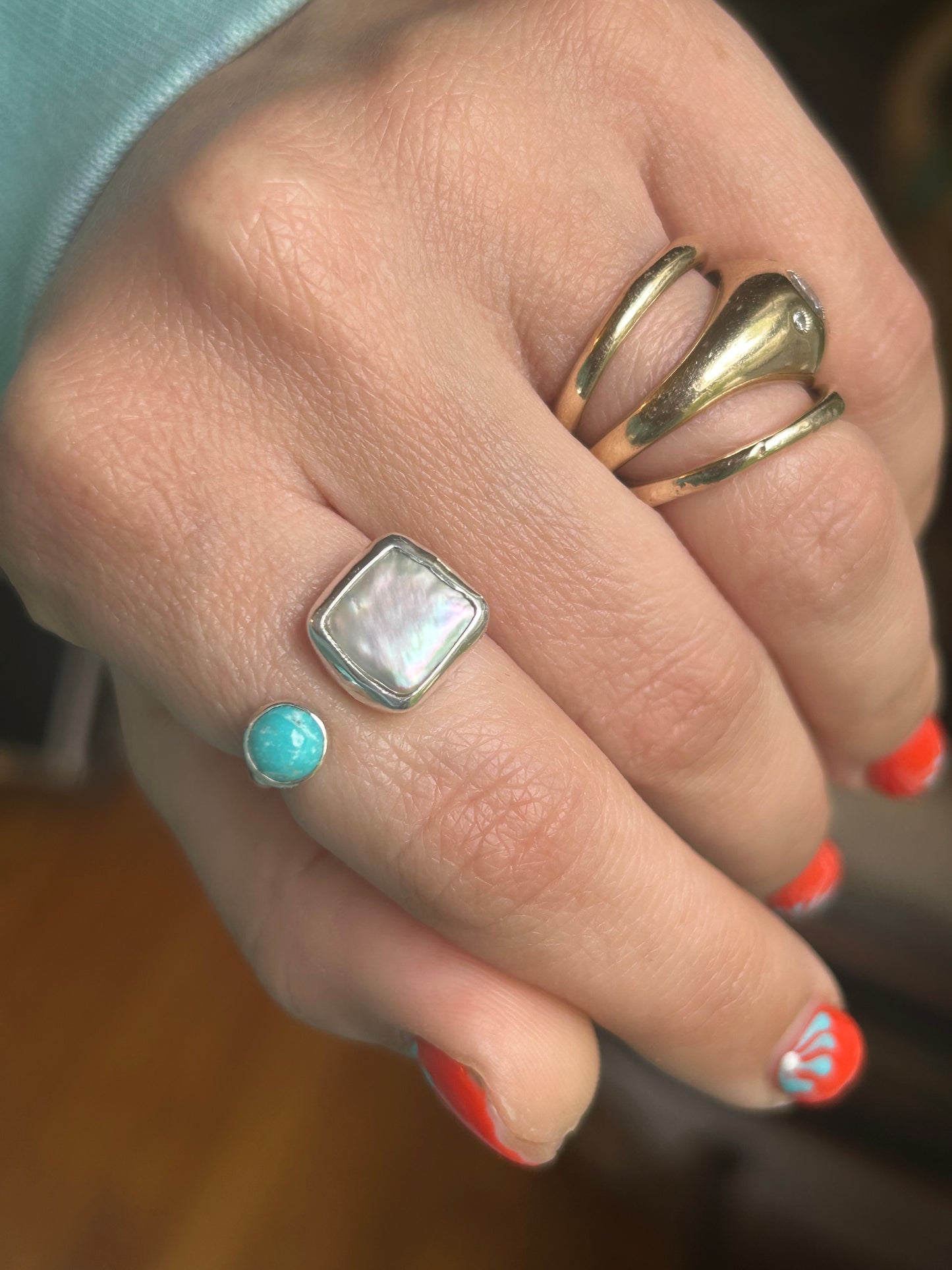 Square Freshwater Pearl & Turquoise Adjustable Ring