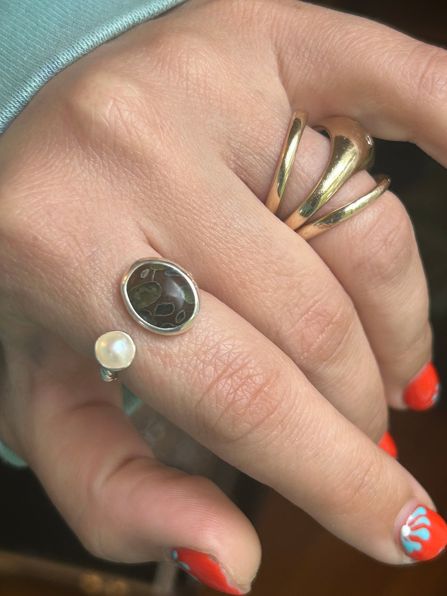 Lilypad Jasper & Pearl Adjustable Ring