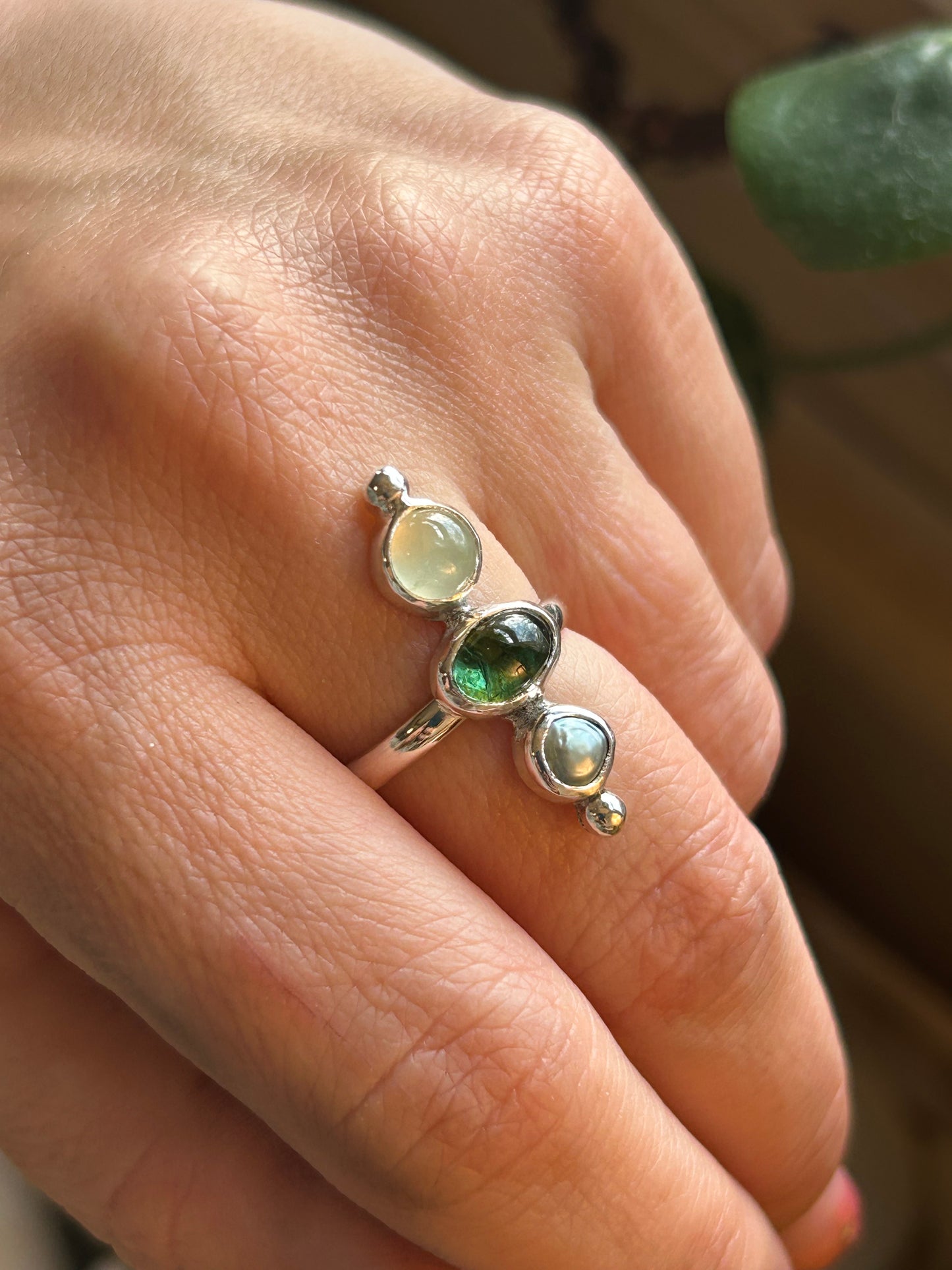 Green Tourmaline, Prehnite and Freshwater Pearl ring size