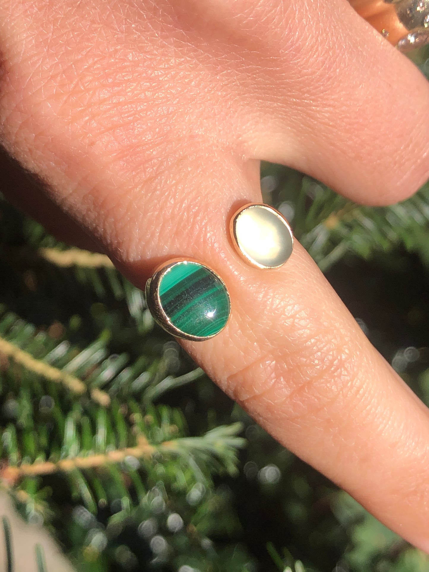 Malachite and Prehnite Adjustable 14k Gold and Sterling Ring