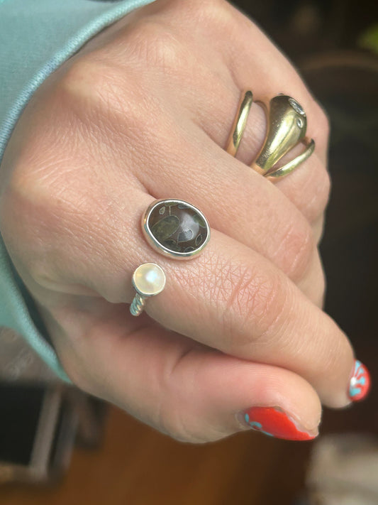 Lilypad Jasper & Pearl Adjustable Ring