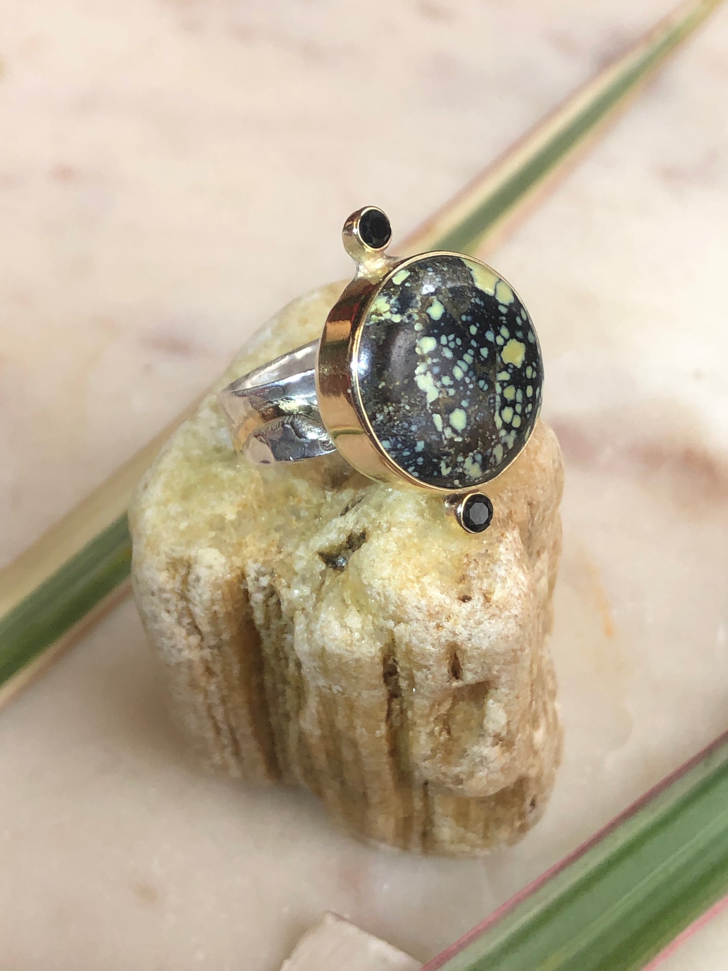 Poseidon Variscite with Faceted Onyx Details set in 10K Gold Bezel Size 8
