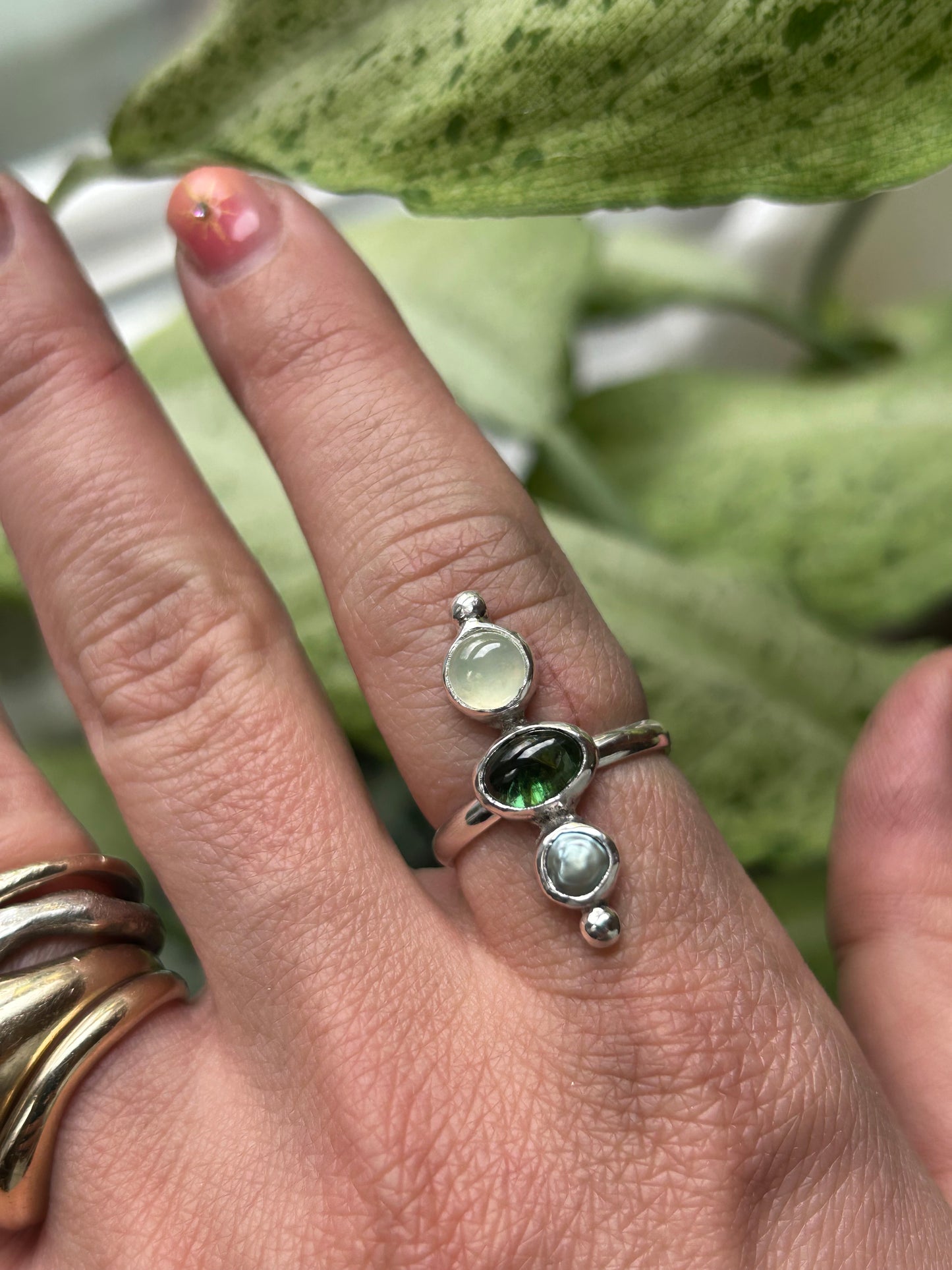 Green Tourmaline, Prehnite and Freshwater Pearl ring size