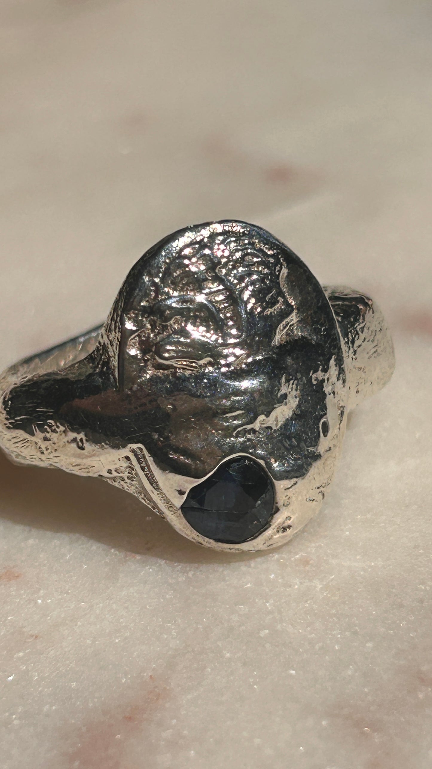Blazar Sand Cast Abstact Cameo Ring with Blue Sapphire size 9.25