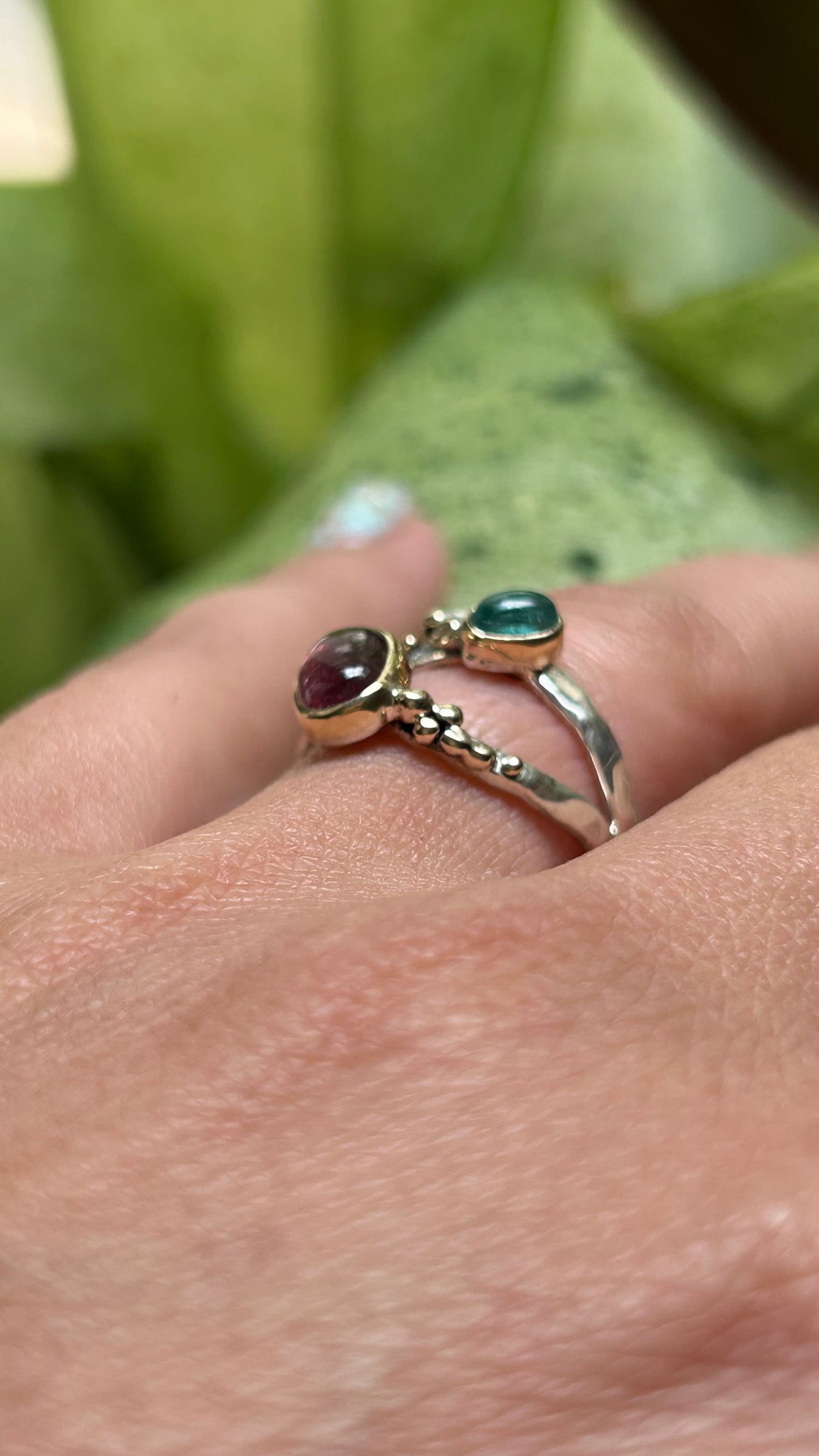 Wavy Baby mixed metal ring Size 7.5 Gauva Tourmaline & Teal Tourmaline