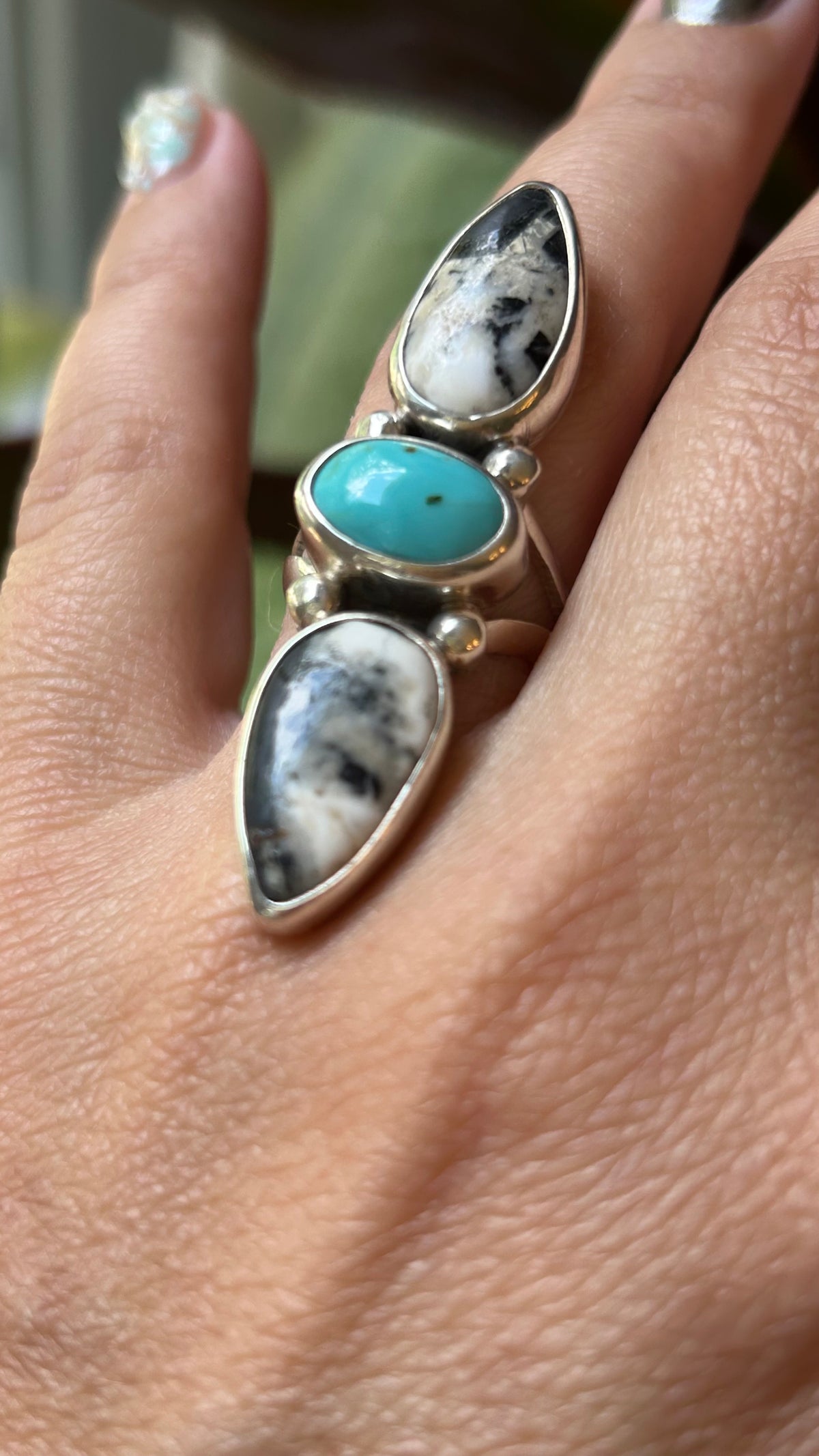 Double White Buffalo & Turquoise Ring Size 6.75