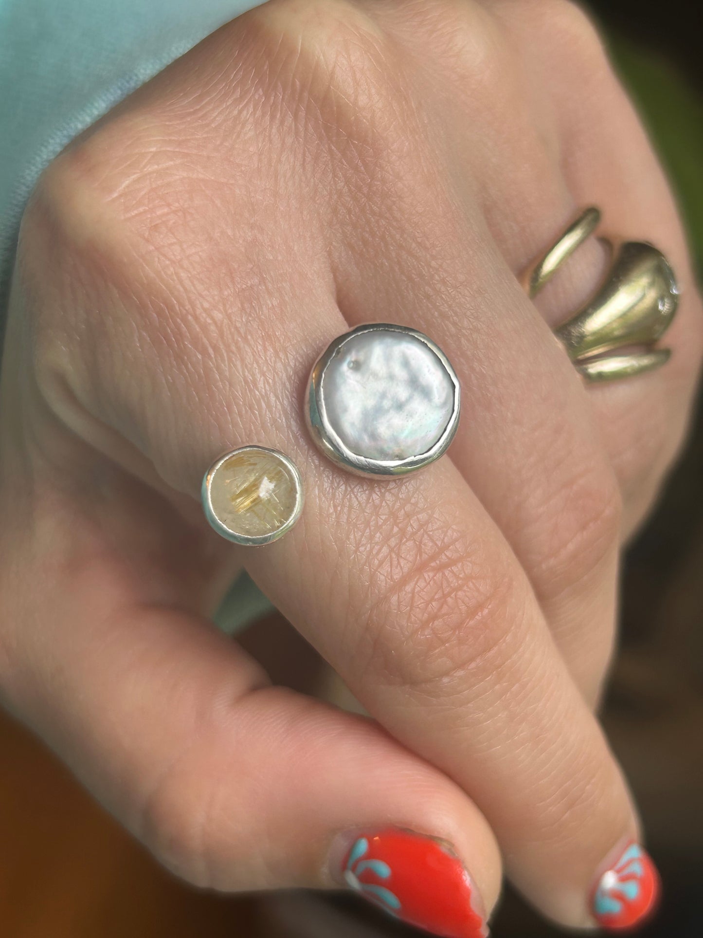Freshwater Coin Pearl & Golden Rutilated Quartz Adjustable Ring