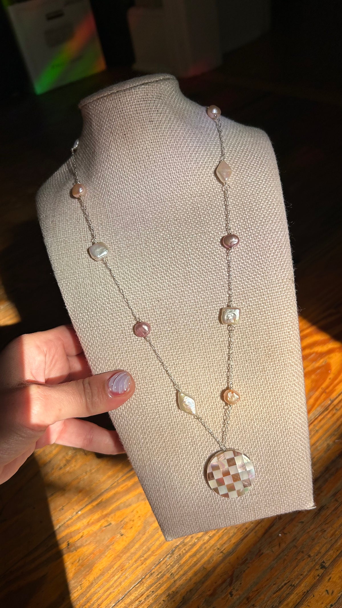 Freshwater Pearl and inlay pendant necklace