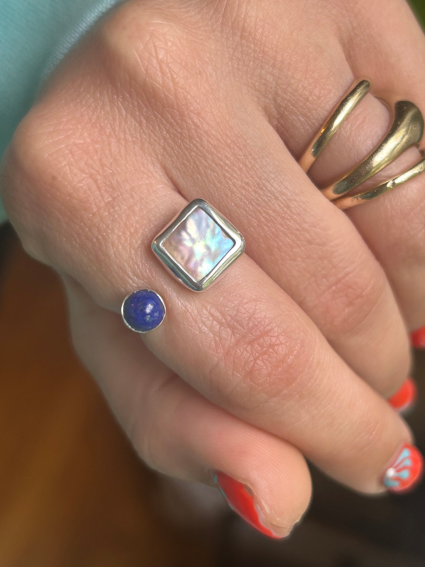 Square Freshwater Pearl & Lapis Lazuli Adjustable Ring