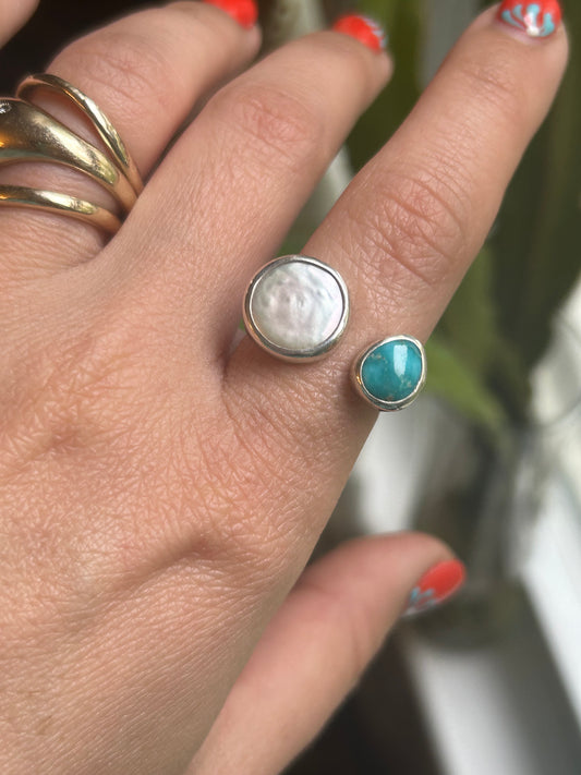 Freshwater Coin Pearl & White Water Turquoise Adjustable Ring