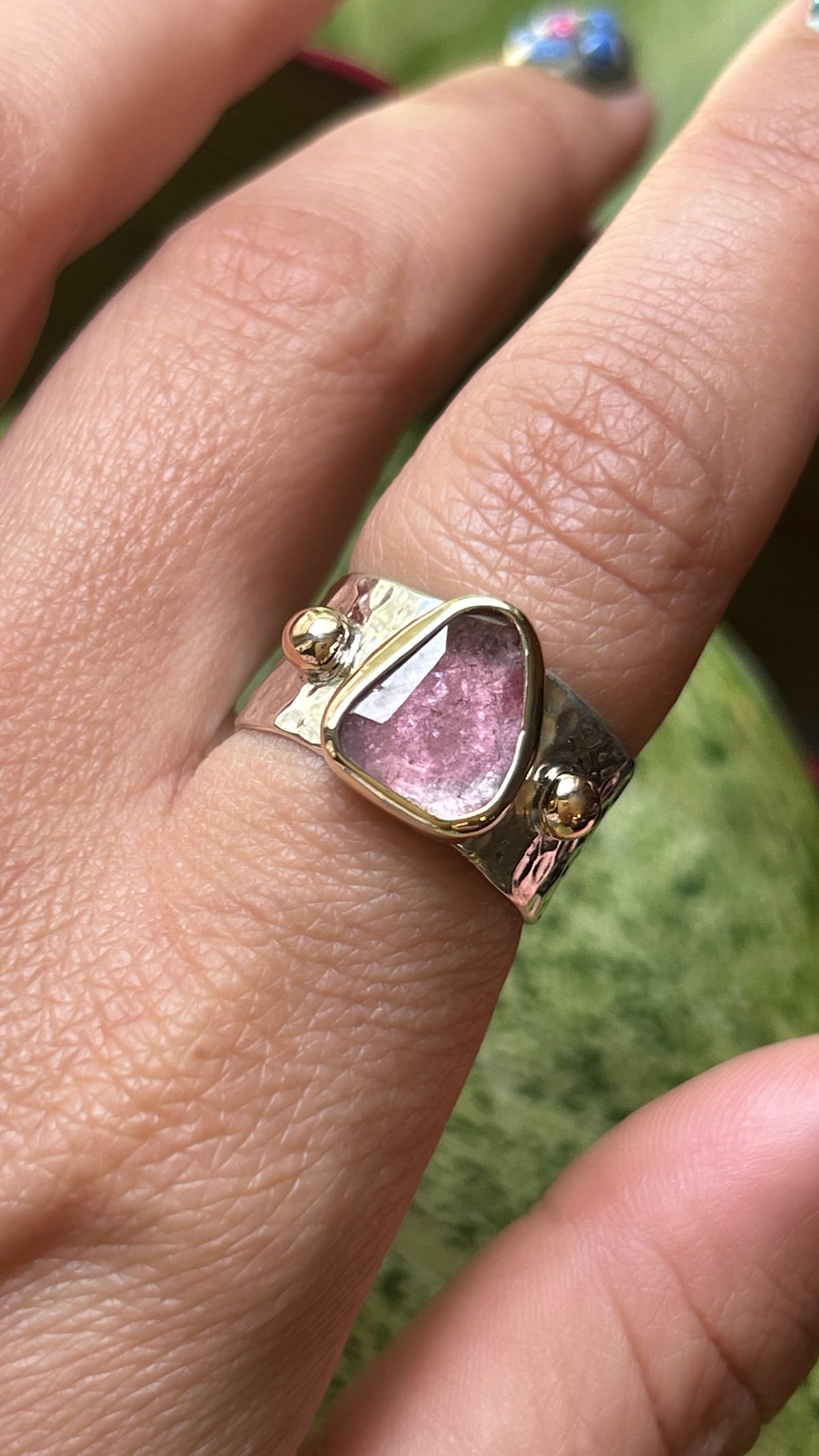 Mixed metal Rose cut free form Pink Tourmaline Size 7.25