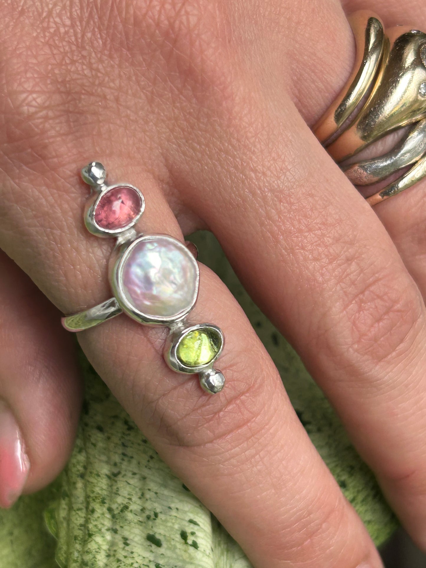 Pink Tourmaline, Peridot and Freshwater Pearl ring