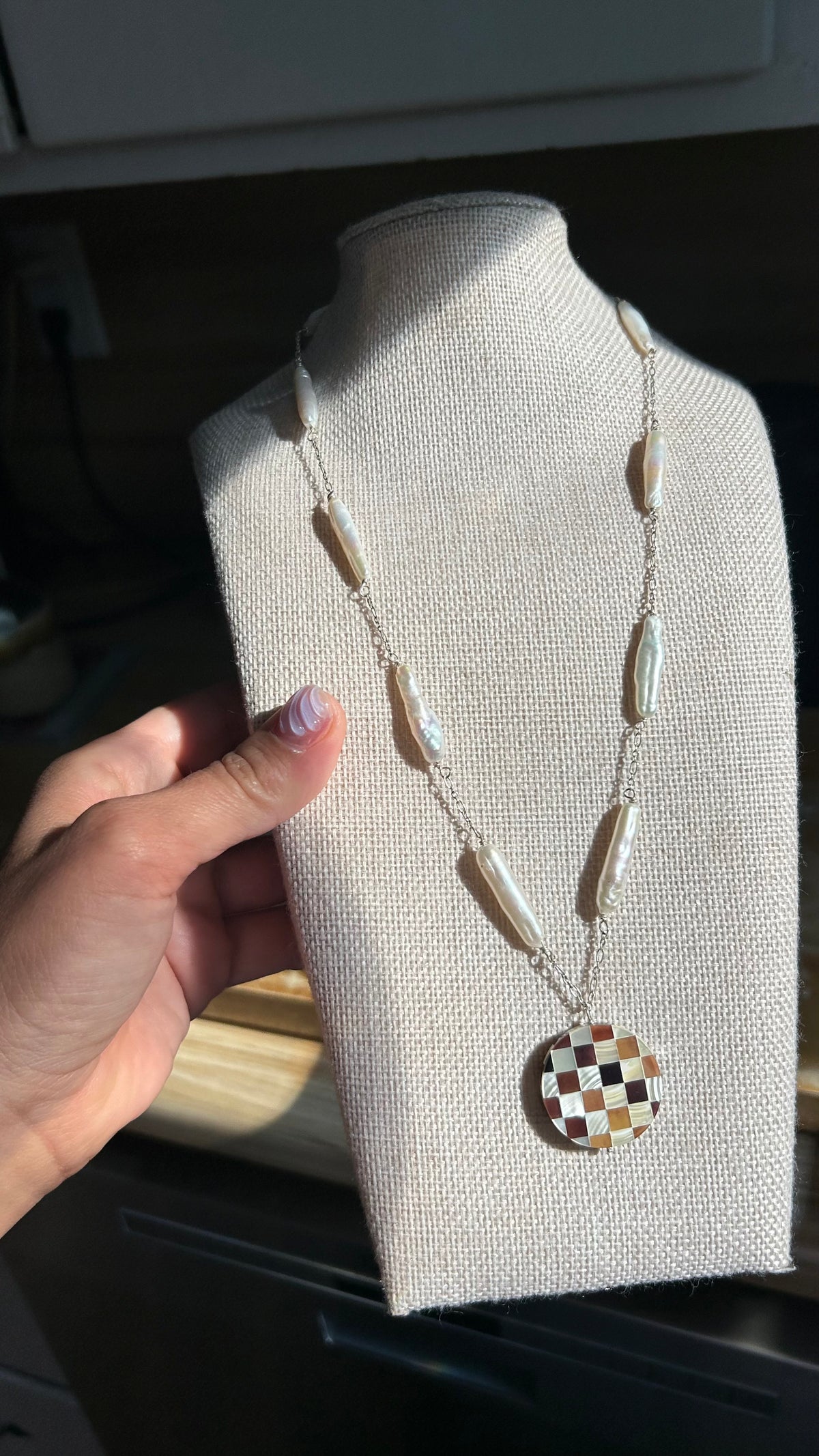 Freshwater Pin Pearl & Inlay Pendant Necklace