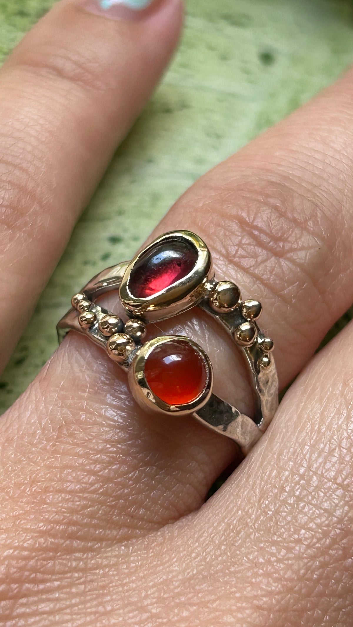 Wavy Baby Garnet & Carnelian 14k yellow gold details on sterling size 8
