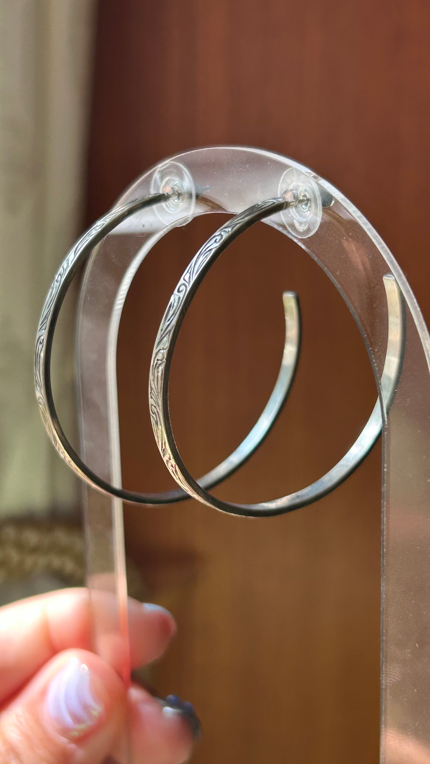 Large Hand Engraved Sterling Hoop Earrings with Post